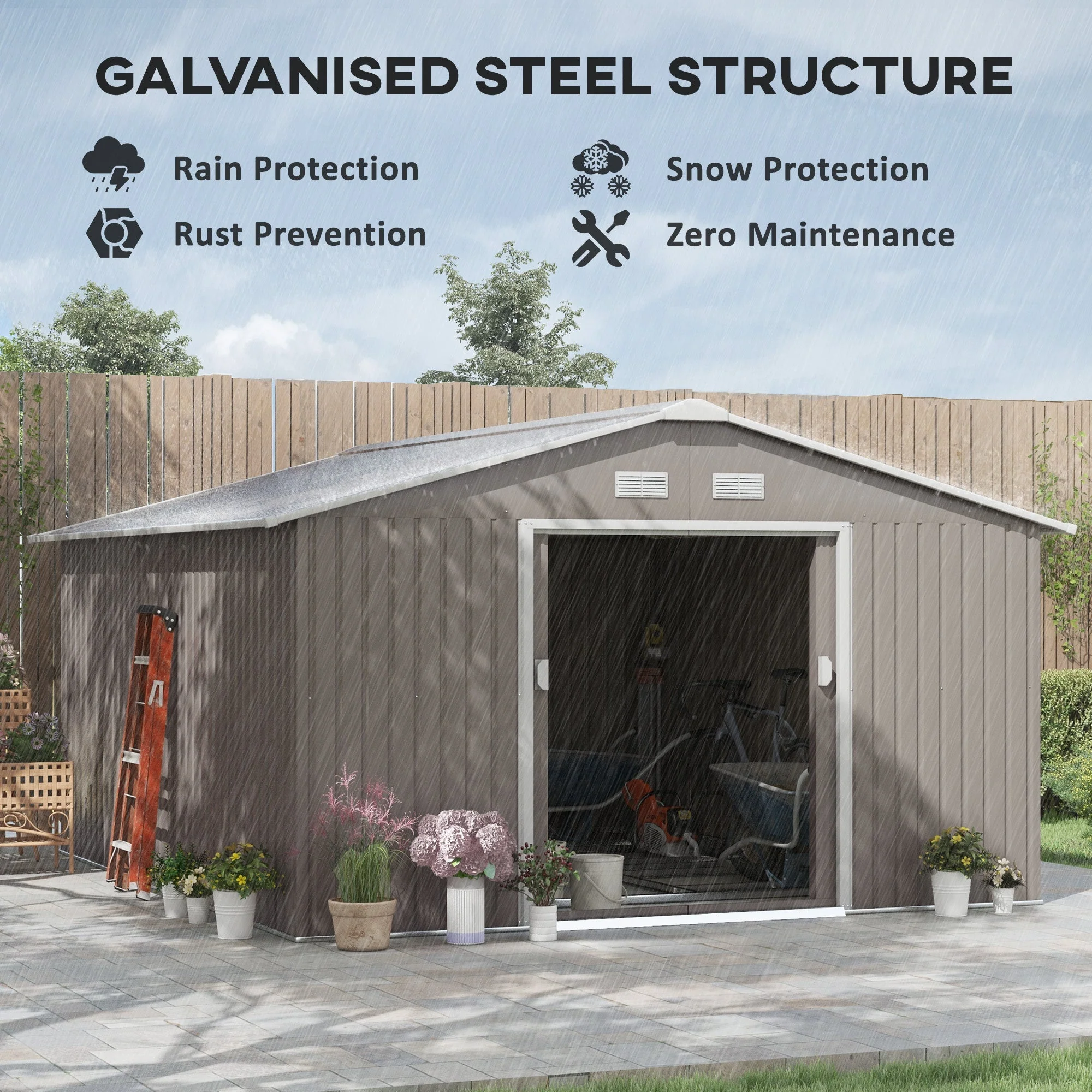 Large Garden Shed, Metal with Foundation Kit and Ventilation, Light Grey - Image 4