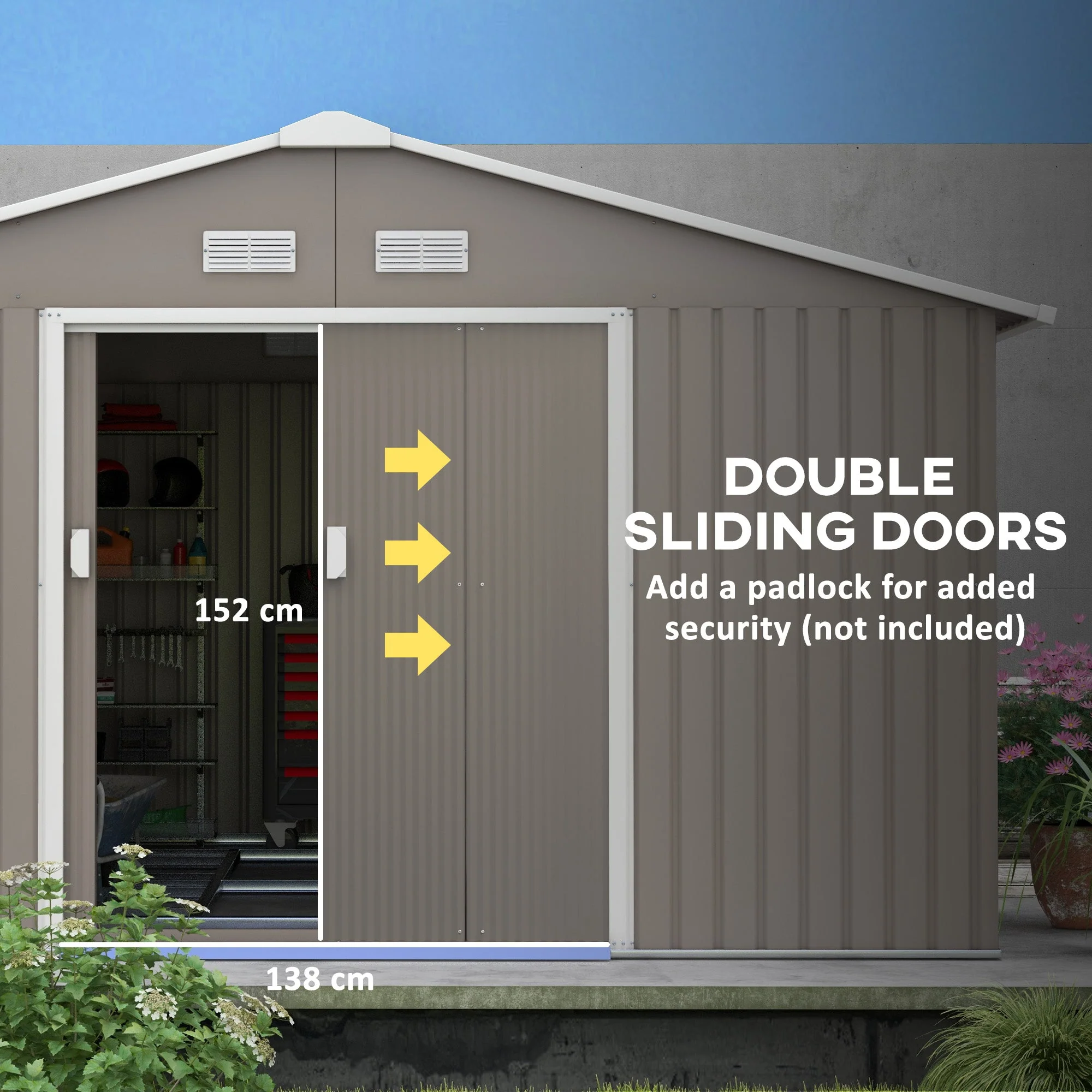 Large Garden Shed, Metal with Foundation Kit and Ventilation, Light Grey - Image 5
