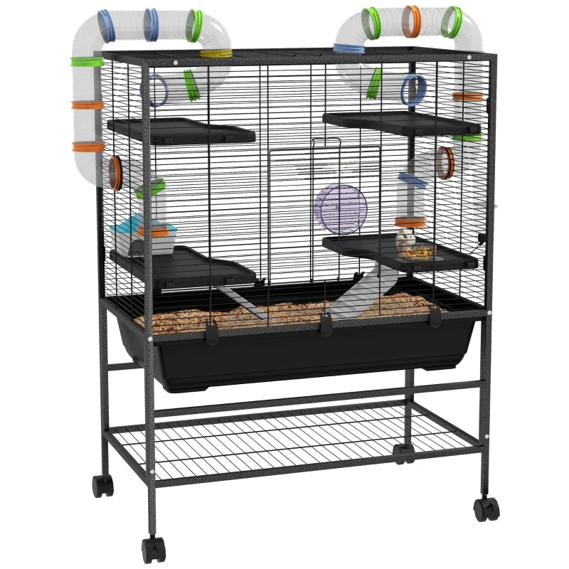 Large Hamster Cage, Gerbil Cage with Tubes, Shelf, Ramps, Platforms, Running Wheel - Black - Image 2