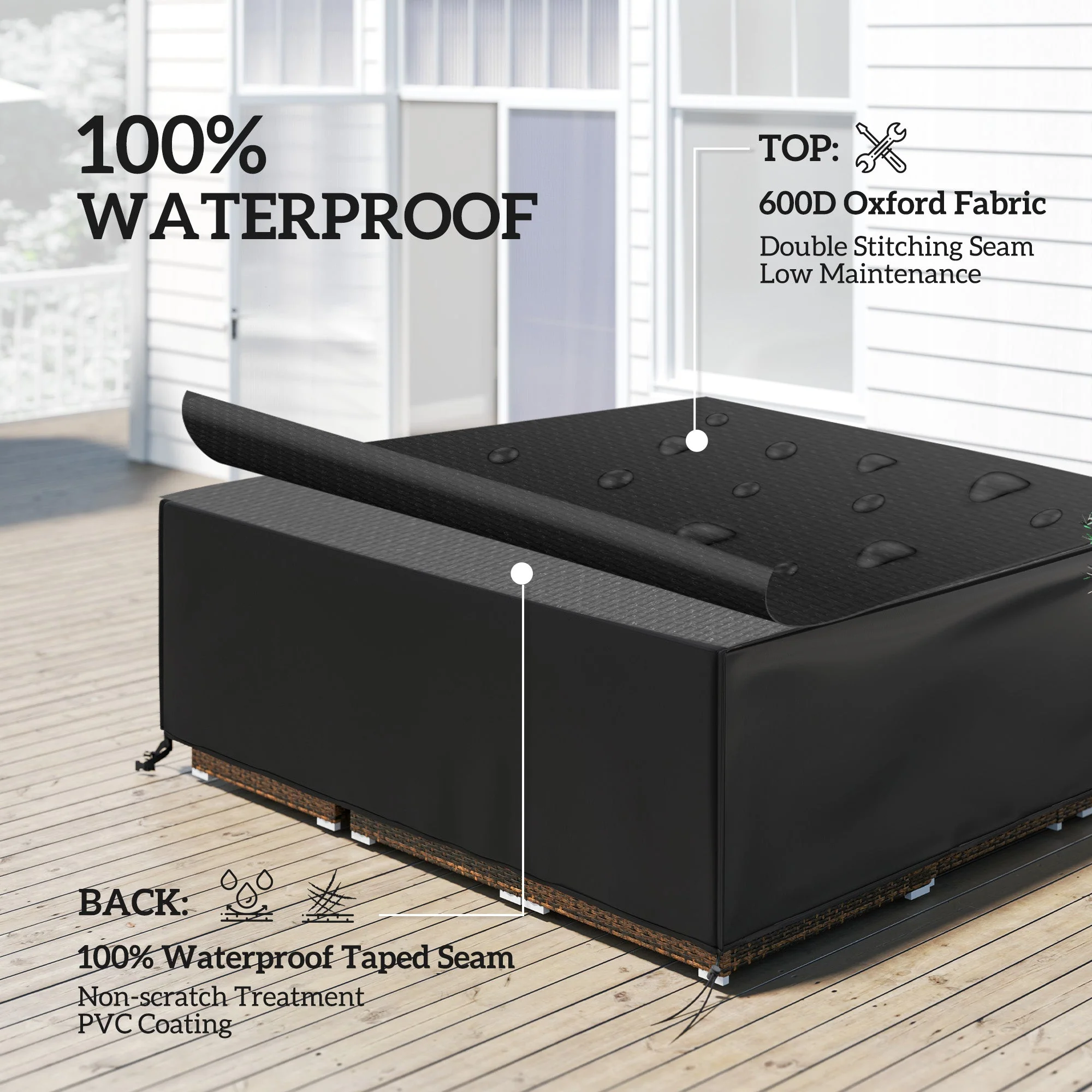 Large Patio Garden Furniture Set Cover Square Waterproof 600D Oxford, Black - Image 4