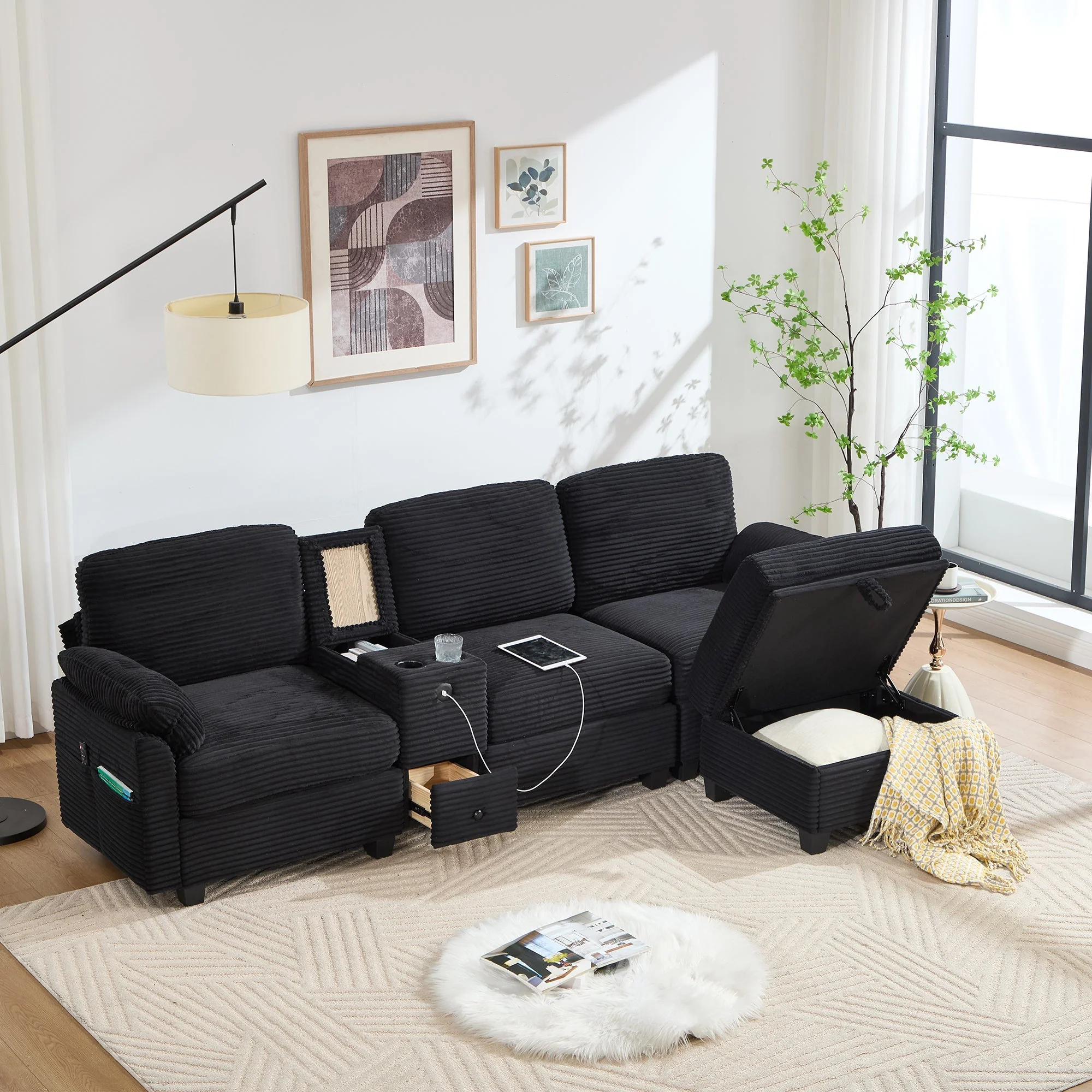 Large Sofa Removable Console USB-C Storage Ottoman - Corduroy