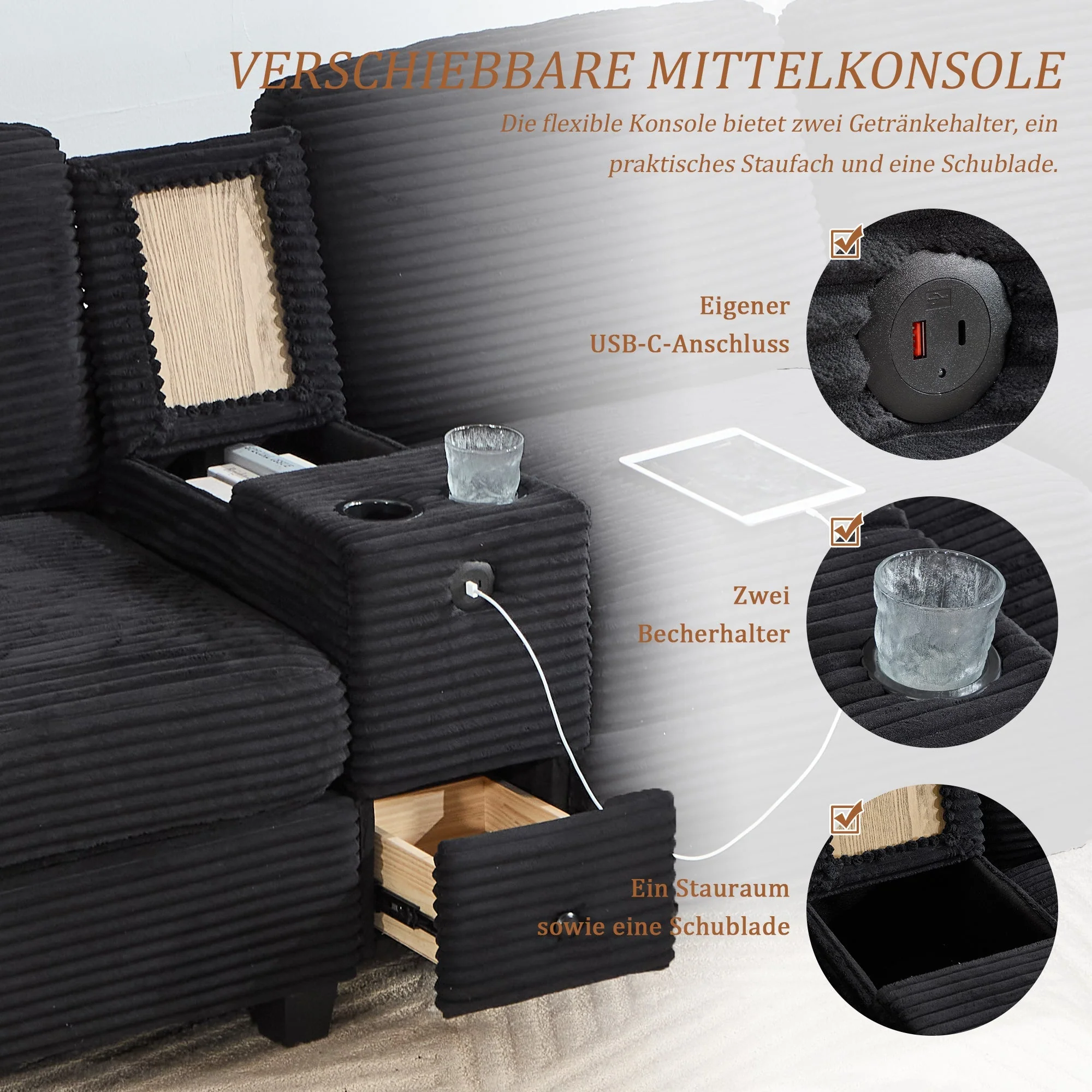 Large Sofa Removable Console USB-C Storage Ottoman - Corduroy - Image 8