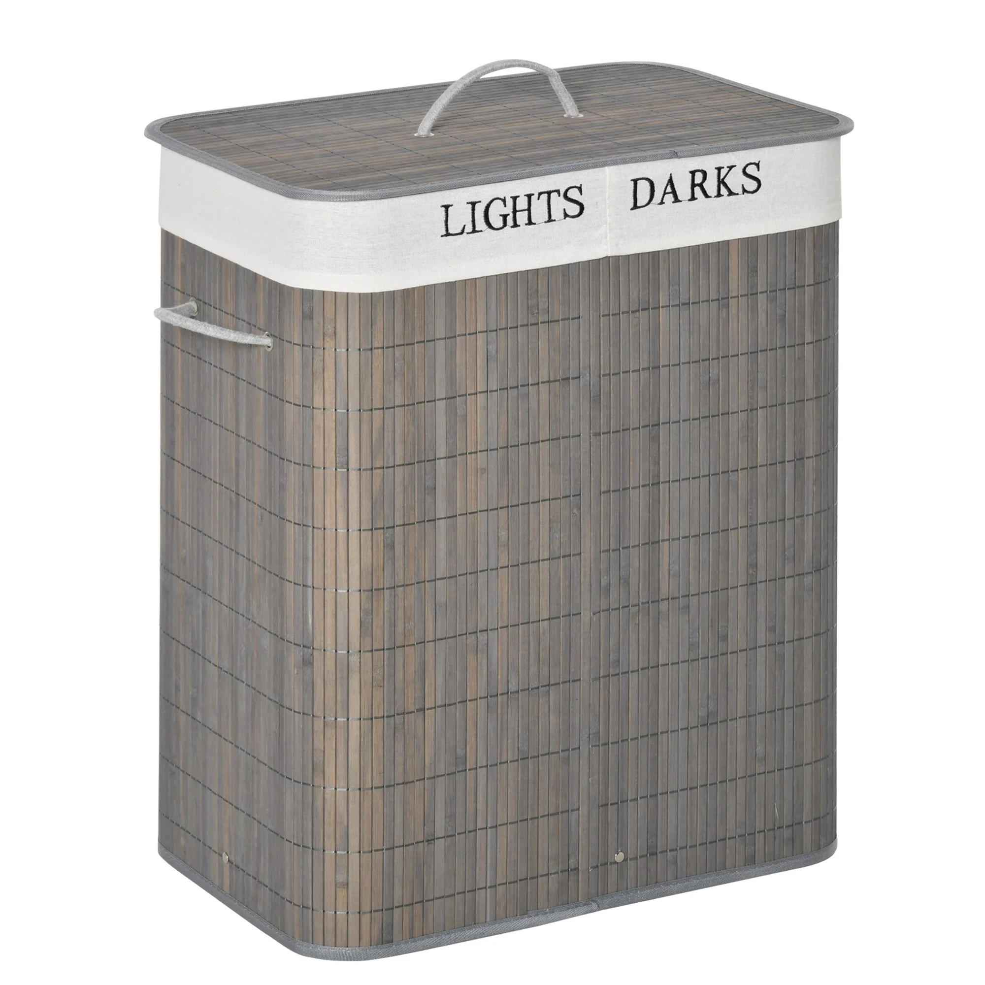 Laundry Basket 100L 2 Compartments Foldable Bamboo, Grey