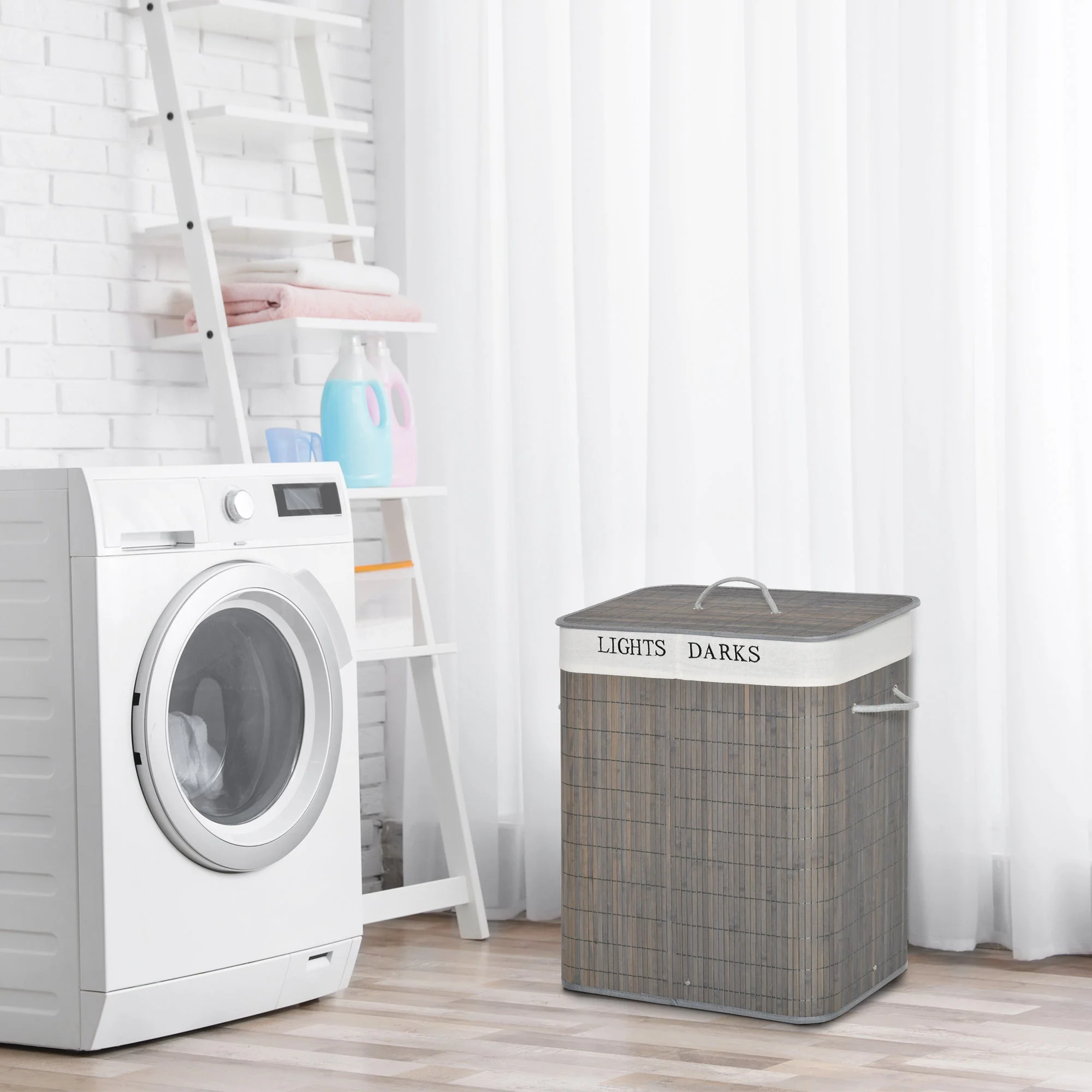 Laundry Basket 100L 2 Compartments Foldable Bamboo, Grey - Image 2