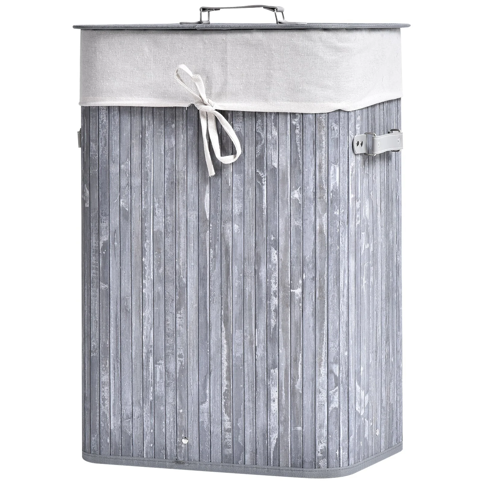 Laundry Basket 72L Foldable with Lid, Bamboo, Grey - Image 2
