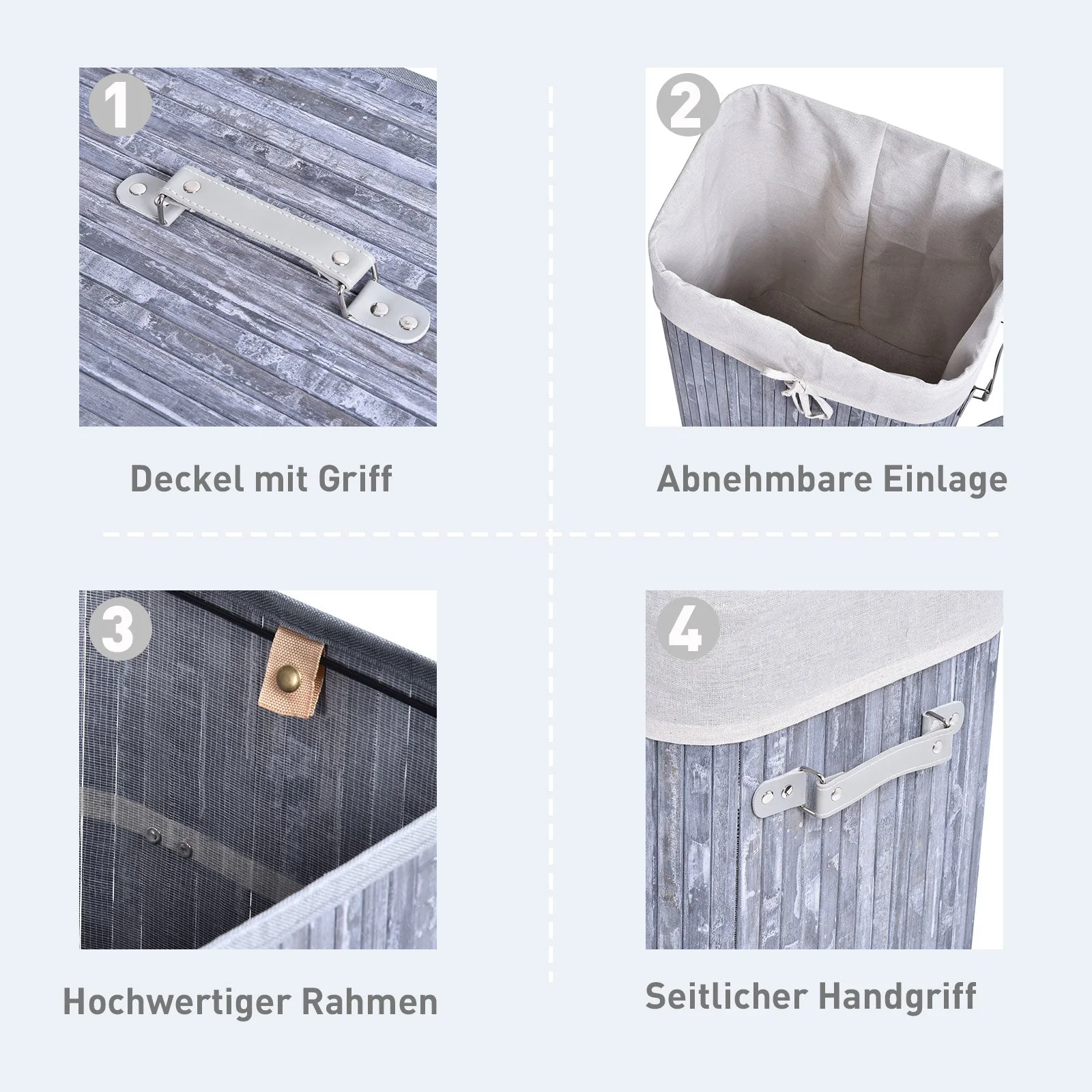 Laundry Basket 72L Foldable with Lid, Bamboo, Grey - Image 5