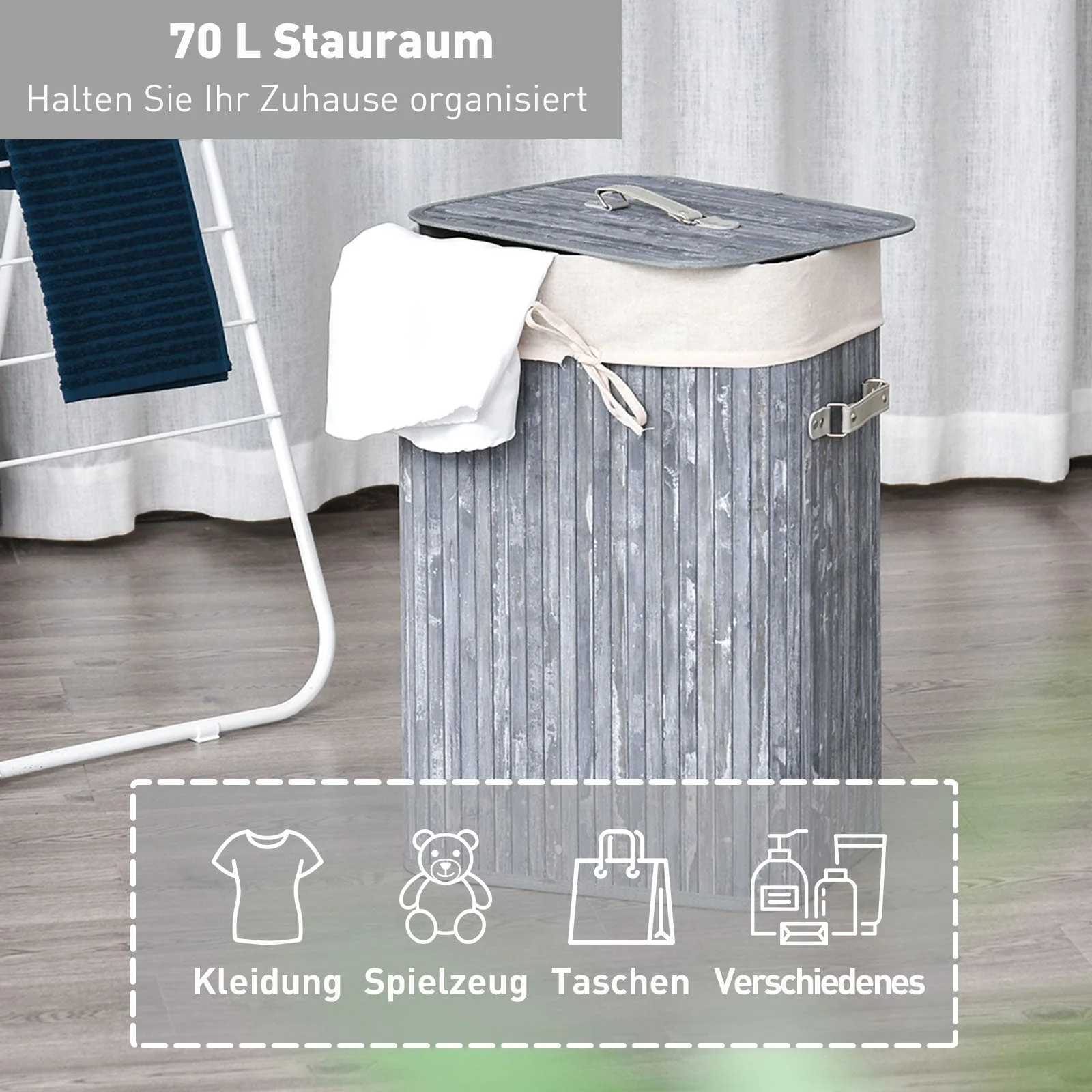 Laundry Basket 72L Foldable with Lid, Bamboo, Grey - Image 6