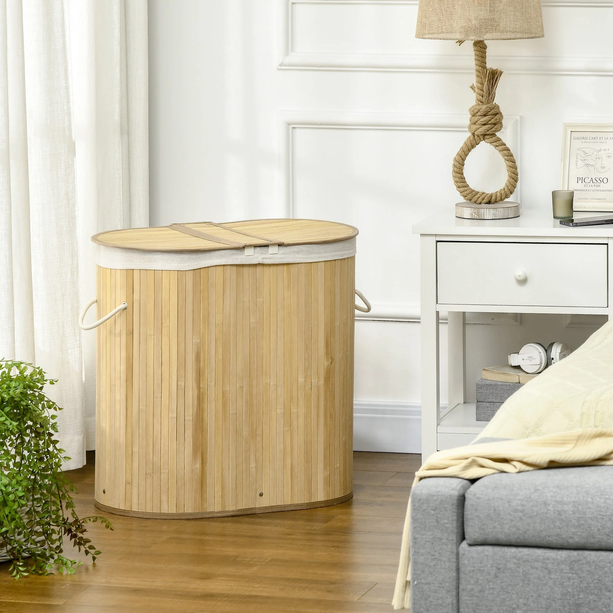 Laundry Basket Sorter 2-Section Removable Lid Natural Bamboo