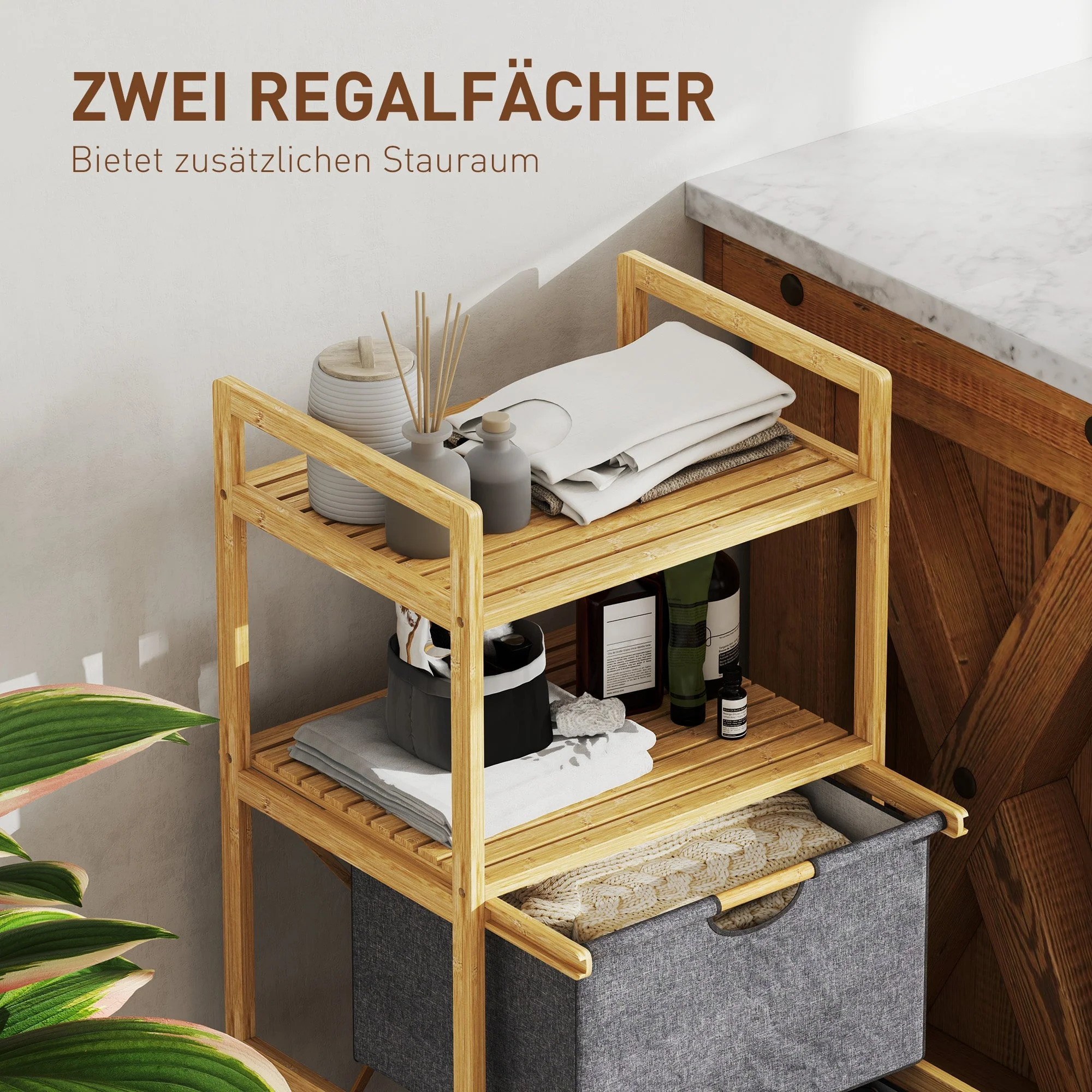 Laundry Basket with 2 Fabric Baskets, Open Shelves, Handle, Bamboo, Natural - Image 5