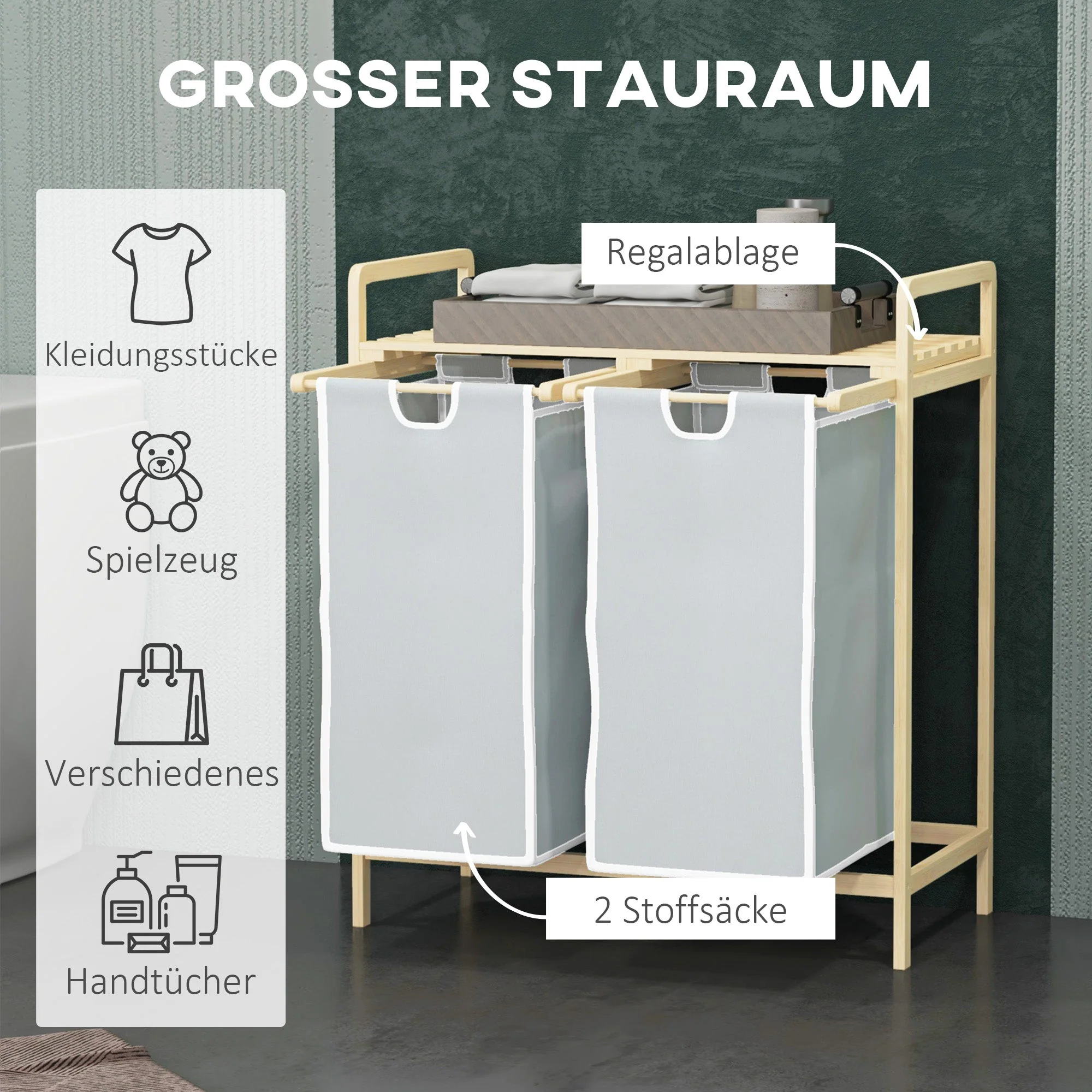 Laundry Basket with 2 Removable Bags, Bamboo Cream - Image 4