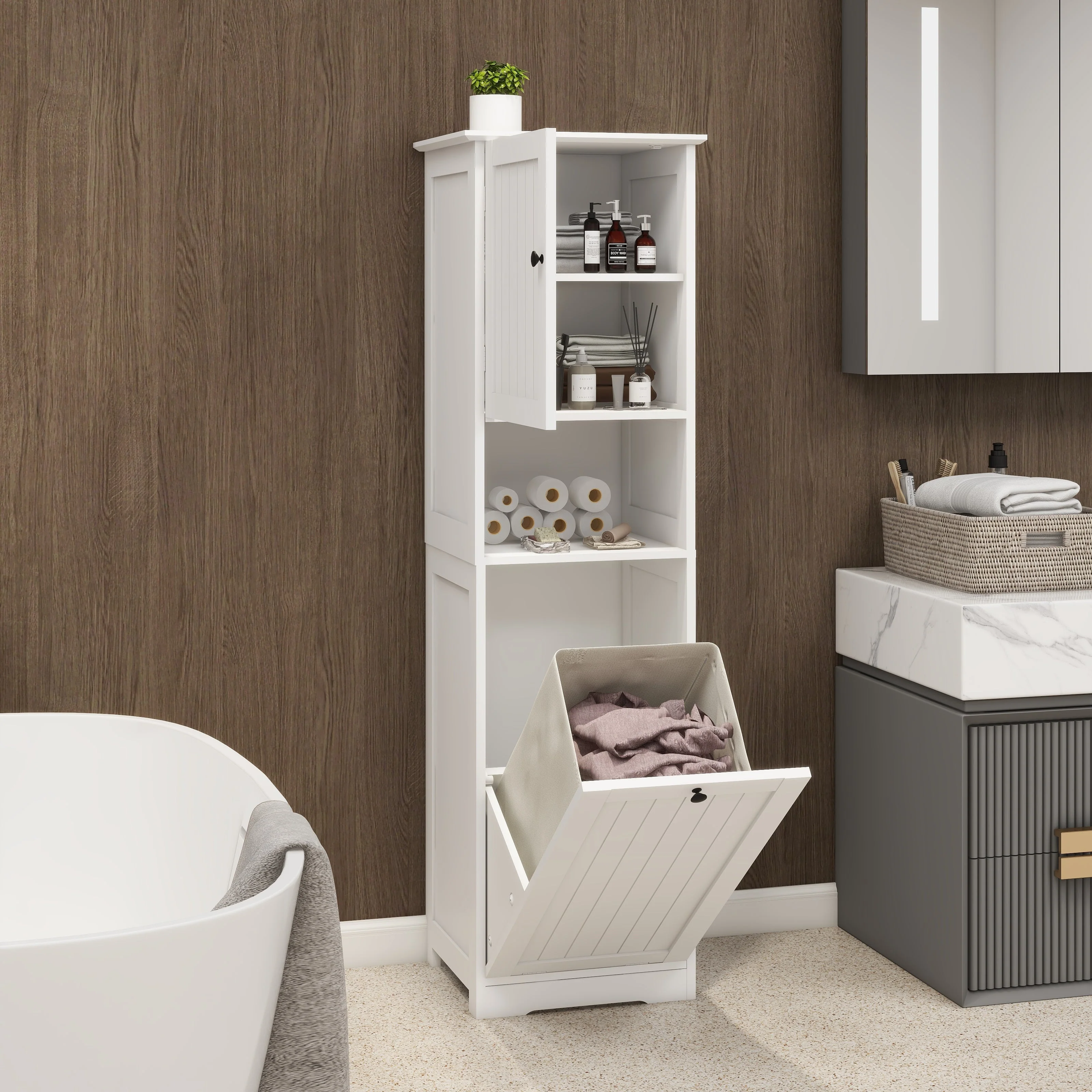 Laundry Sorter Cabinet, One-Compartment Tilt-Out Door, White - Image 9