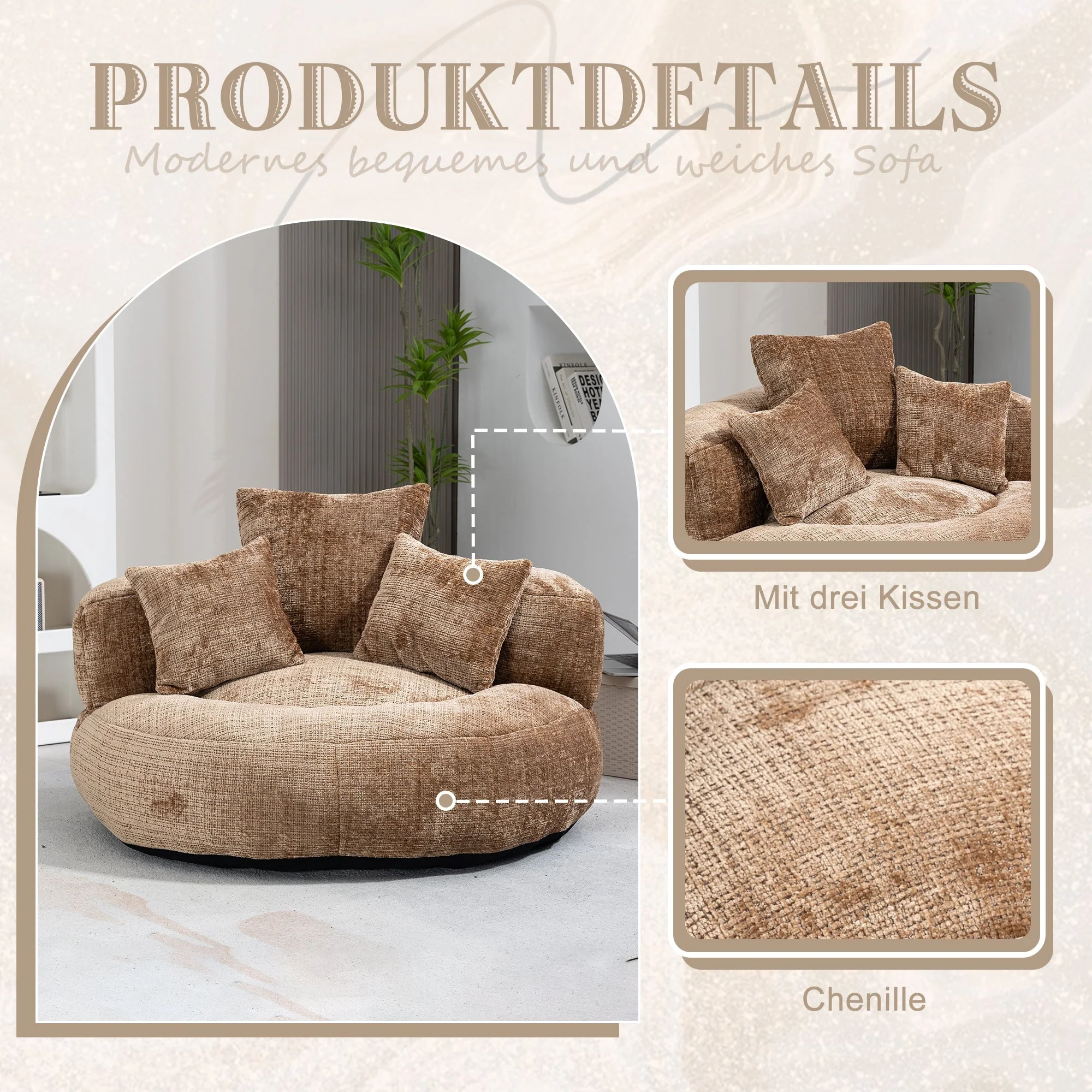 Lazy Sofa Durable High Back Bean Bag Chair Couch with Three Cushions, Coffee Chenille - Image 2