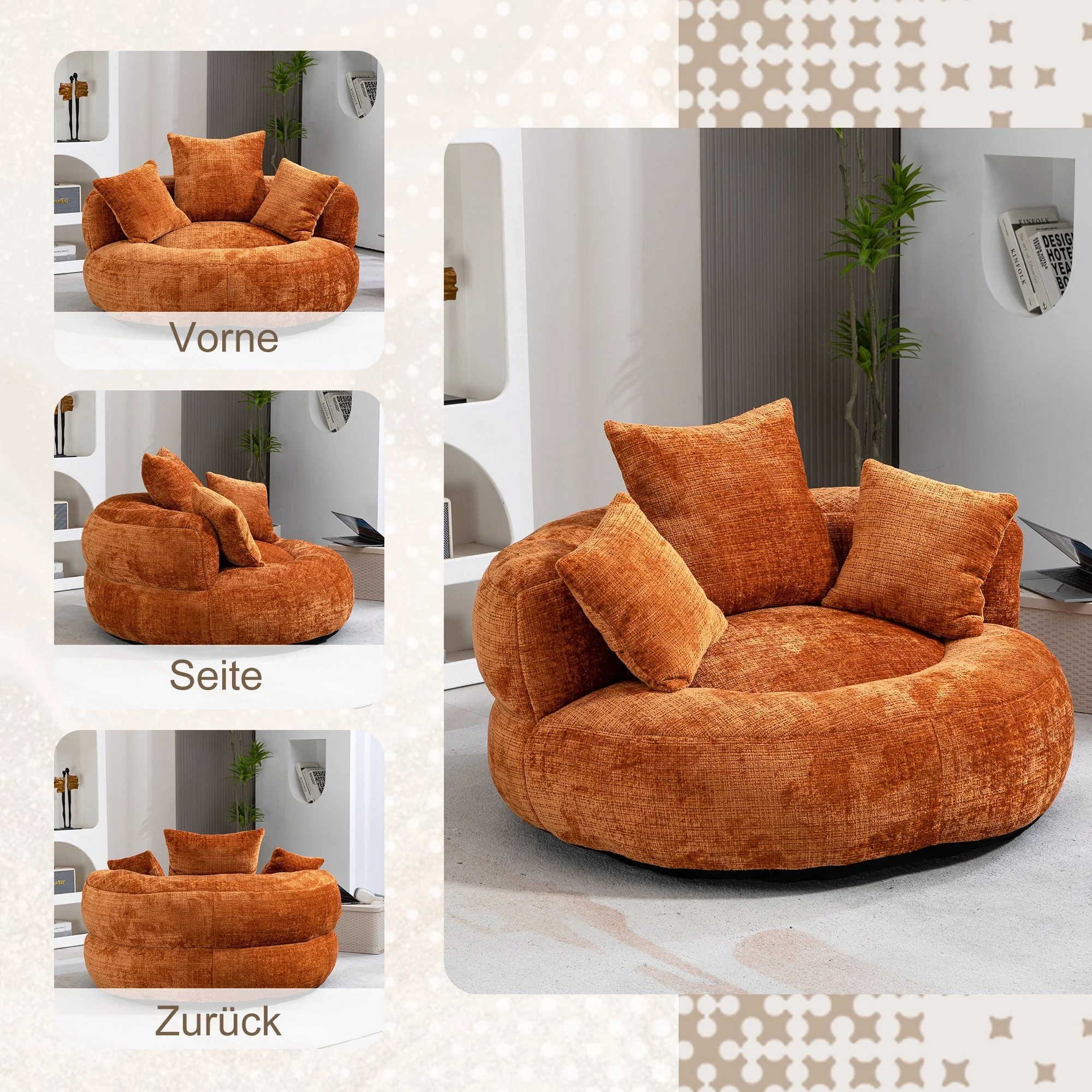 Lazy Sofa High Back Bean Bag Chair Couch, Durable Comfort Indoor/Outdoor, Orange Chenille - Image 4