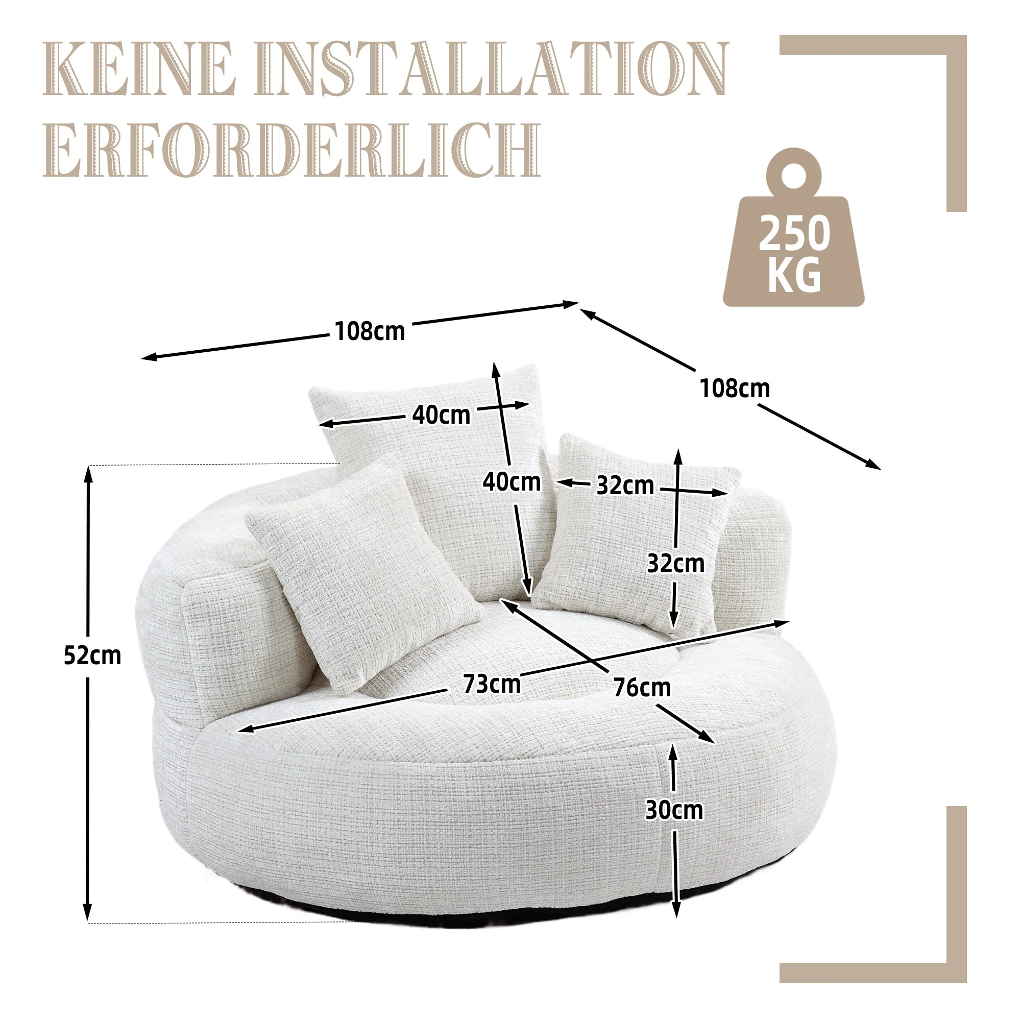 Lazy Sofa High Back Bean Bag Chair with Three Cushions, Indoor/Outdoor, Beige Chenille - Image 6