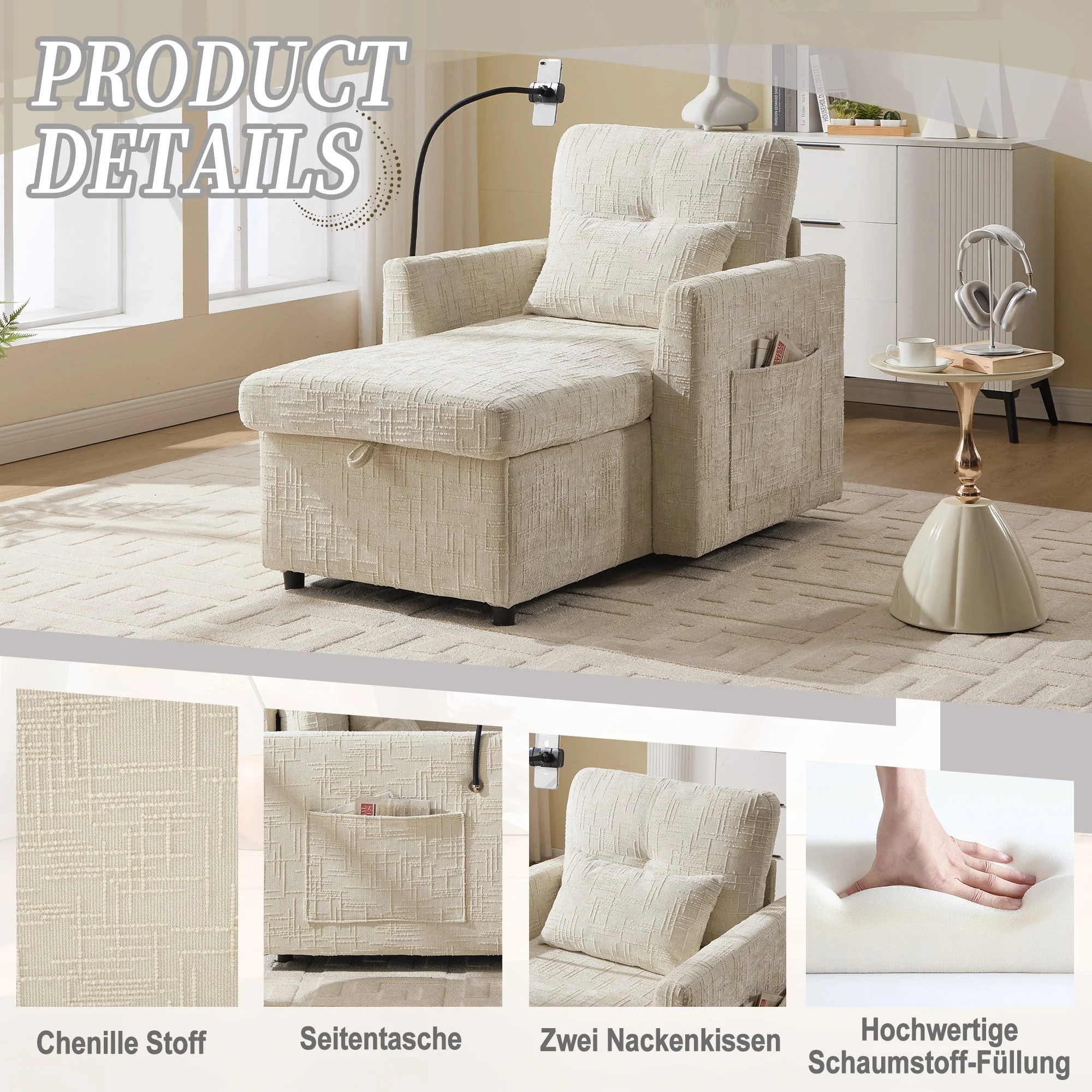 Lazy Sofa, Multifunctional Stowable Backrest with Phone Holder, Chenille - Image 2