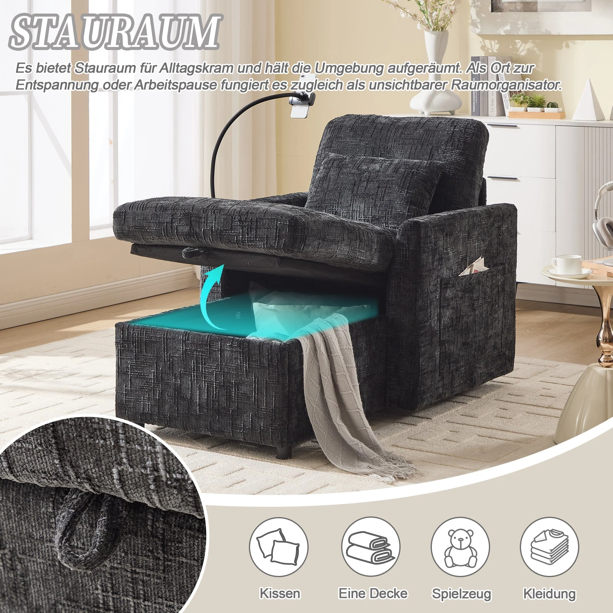 Lazy Sofa, Multifunctional with Phone Holder & Stowable Backrest, Chenille - Image 2