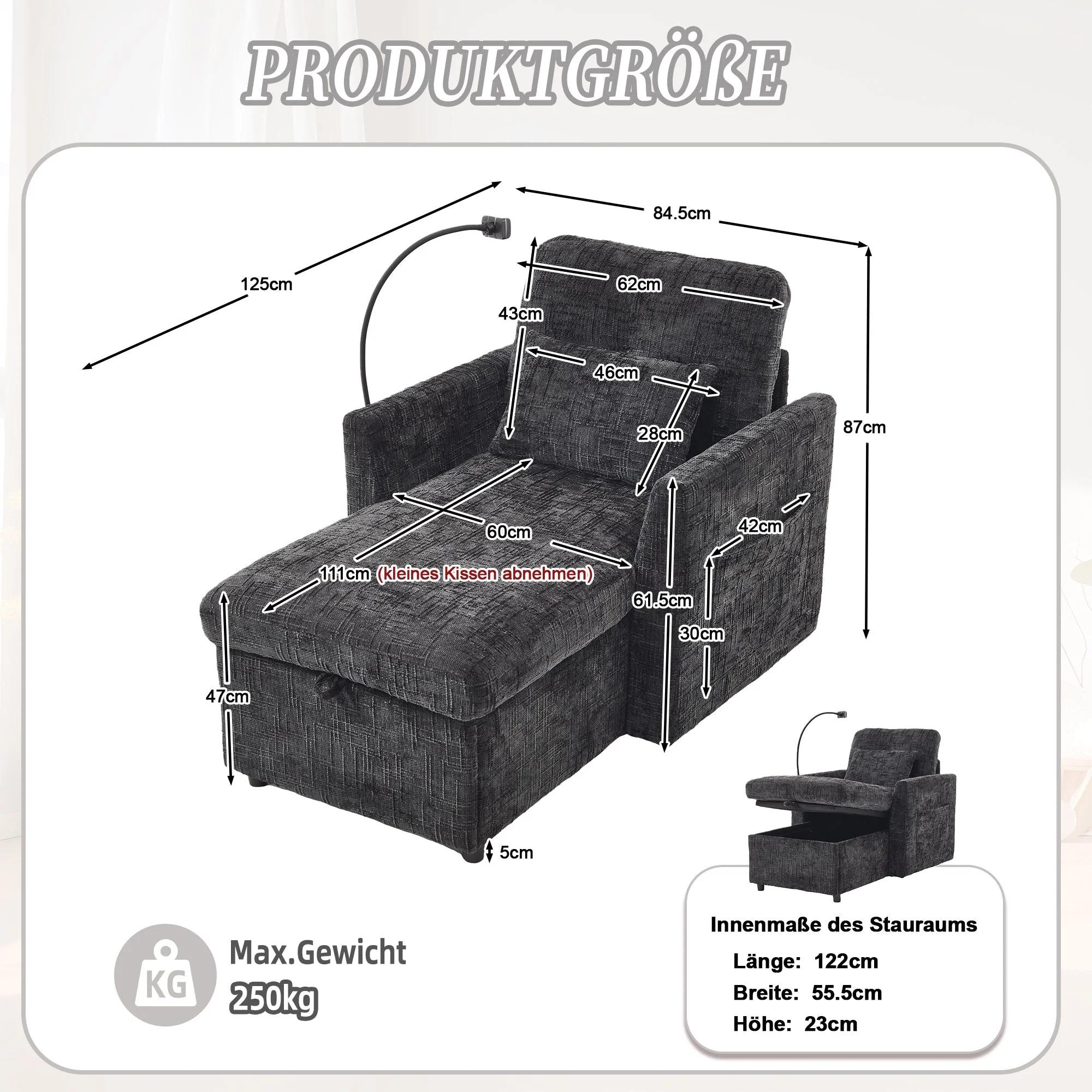 Lazy Sofa, Multifunctional with Phone Holder & Stowable Backrest, Chenille - Image 6