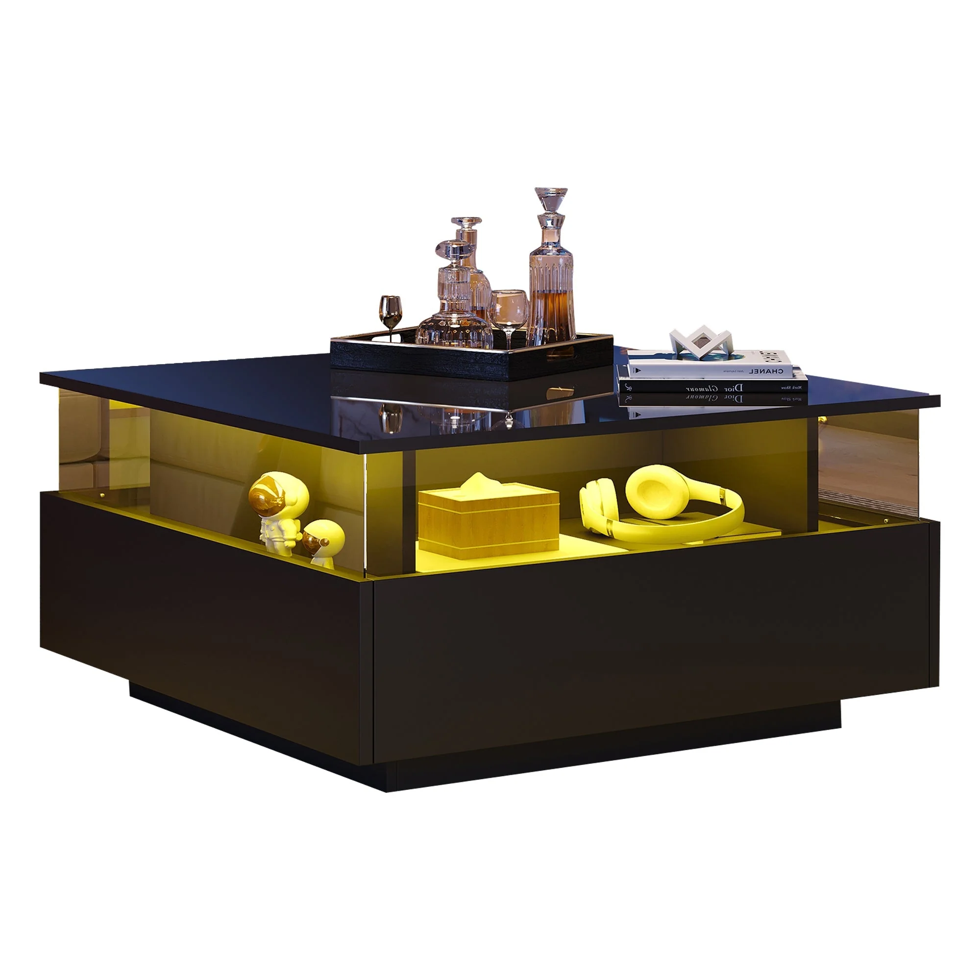 LED Coffee Table 70x70x41cm, 2 Drawers, Transparent Area, High-Gloss - Image 7