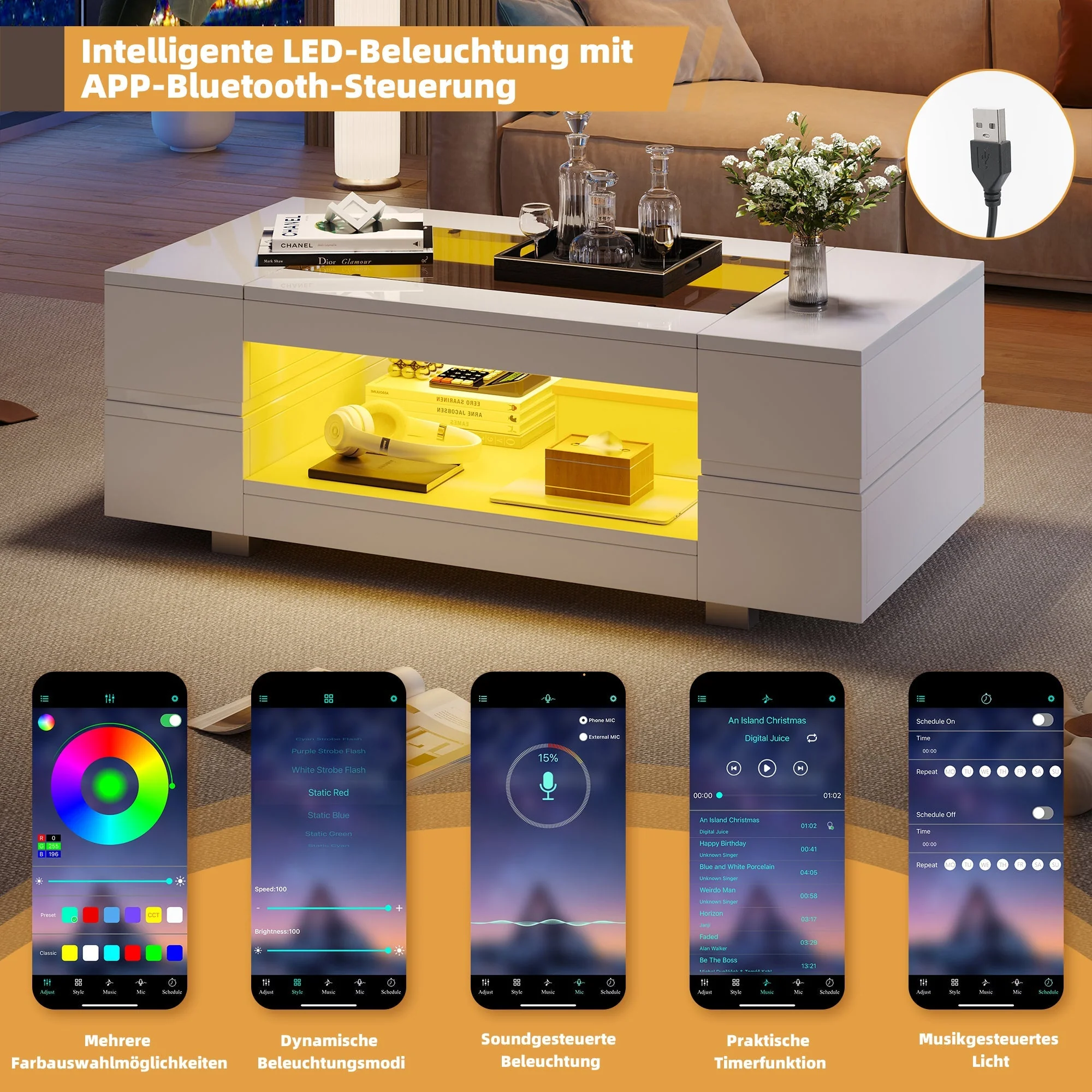 LED Coffee Table Bluetooth App Control, White - Image 5