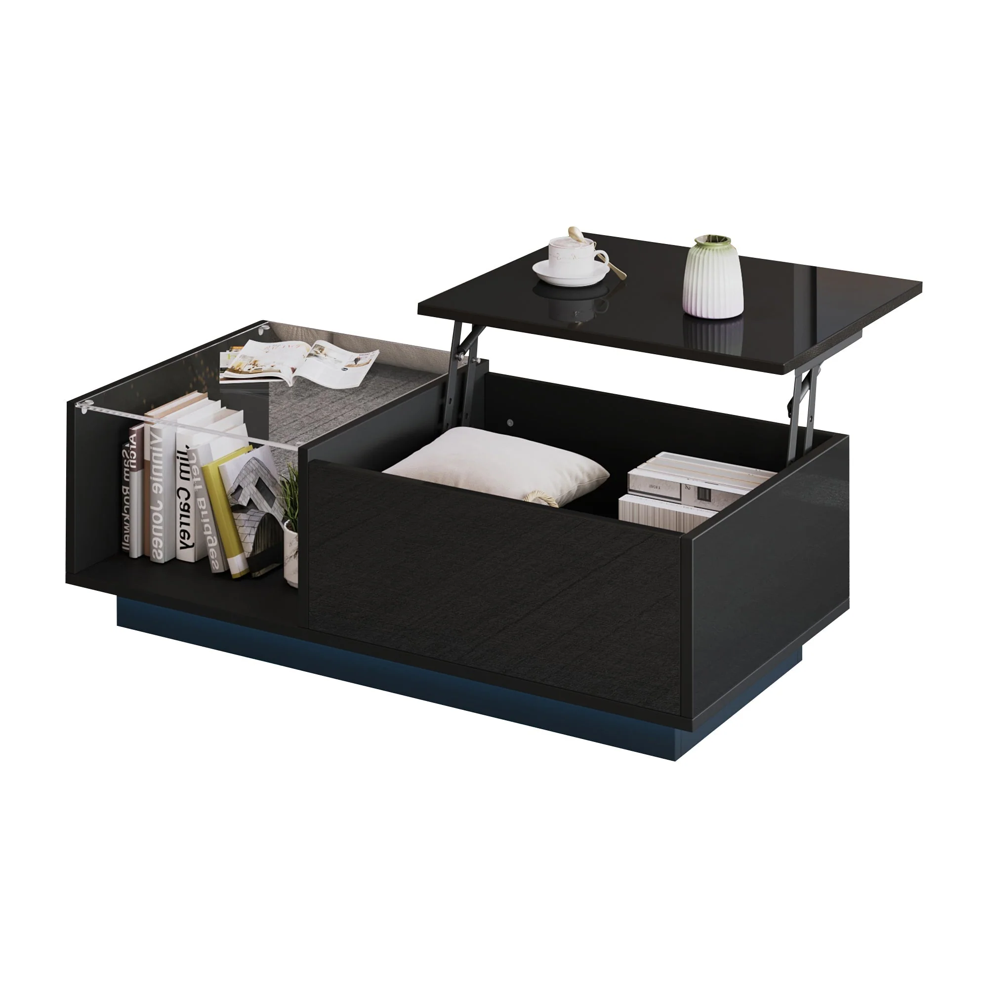 LED Coffee Table, Height-Adjustable with Hidden Storage and Shelf, High-Gloss - Image 5