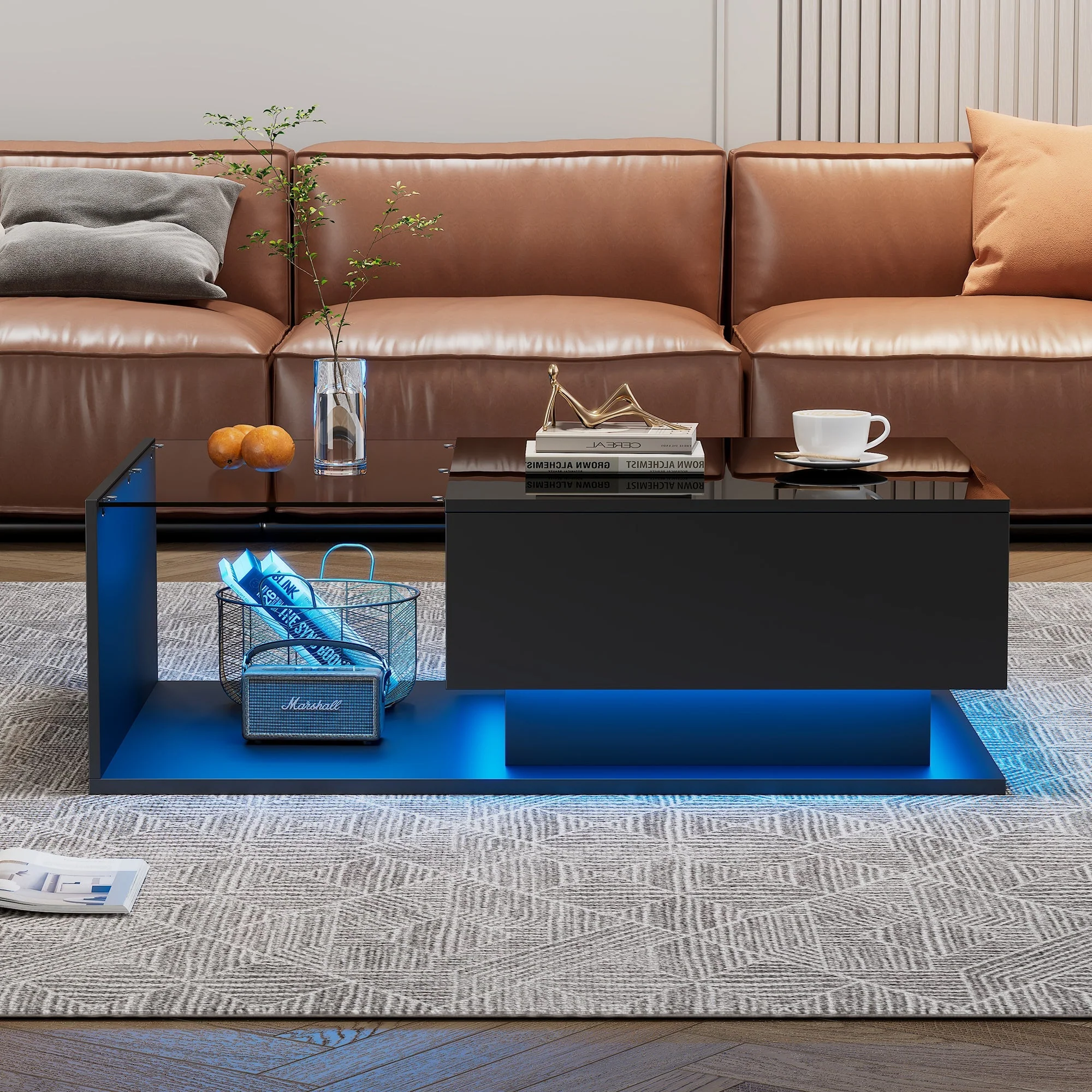 LED Coffee Table, Modern High Gloss Coffee Table, Center Table with Glass, Modern Coffee Table for Living Room with Drawer (Black) - Image 5