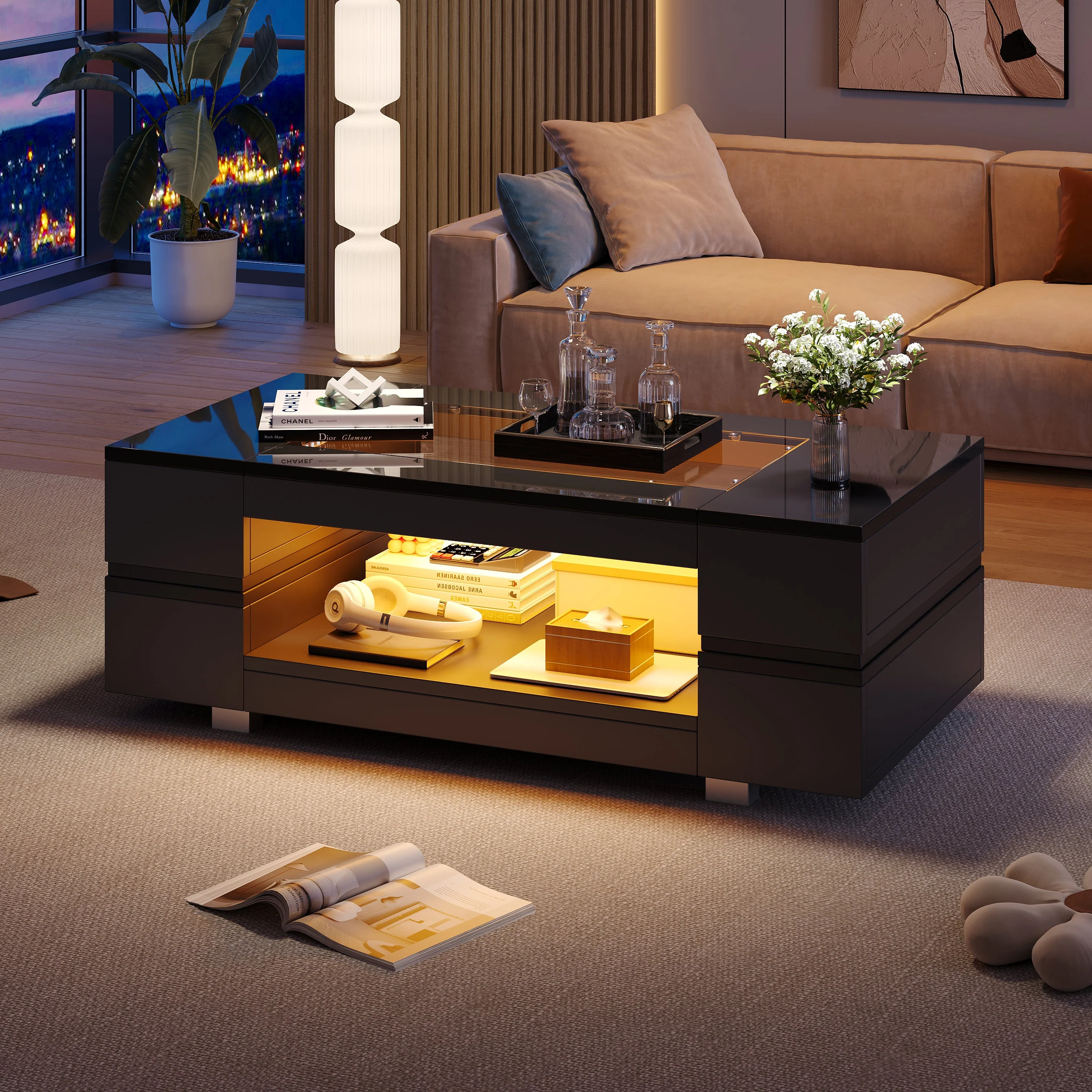 LED Coffee Table with Bluetooth App Control, Double-Layer High-Gloss, Black - Image 2