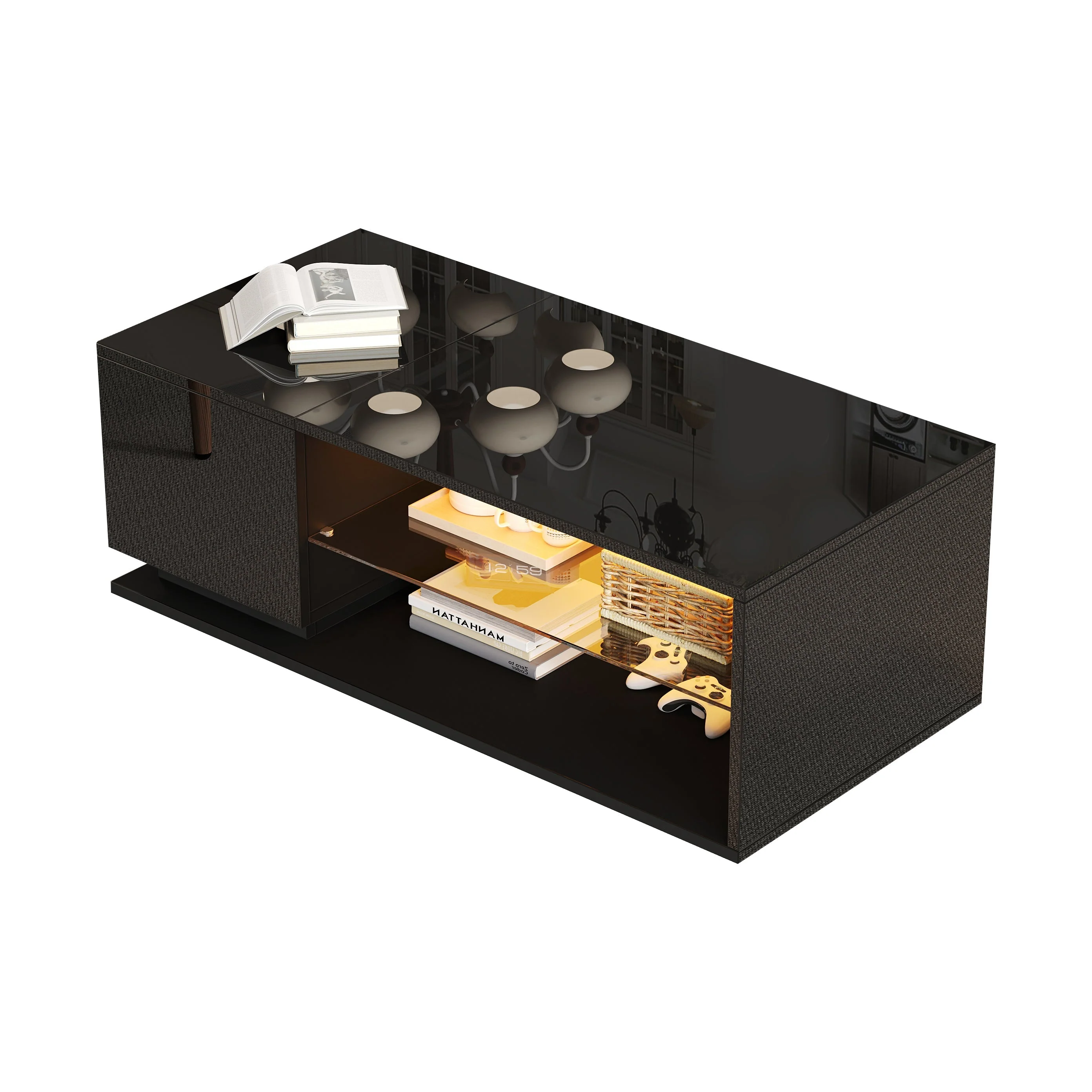 LED Coffee Table with High-Gloss Storage and APP LED Lights, Black High-Gloss - Image 6
