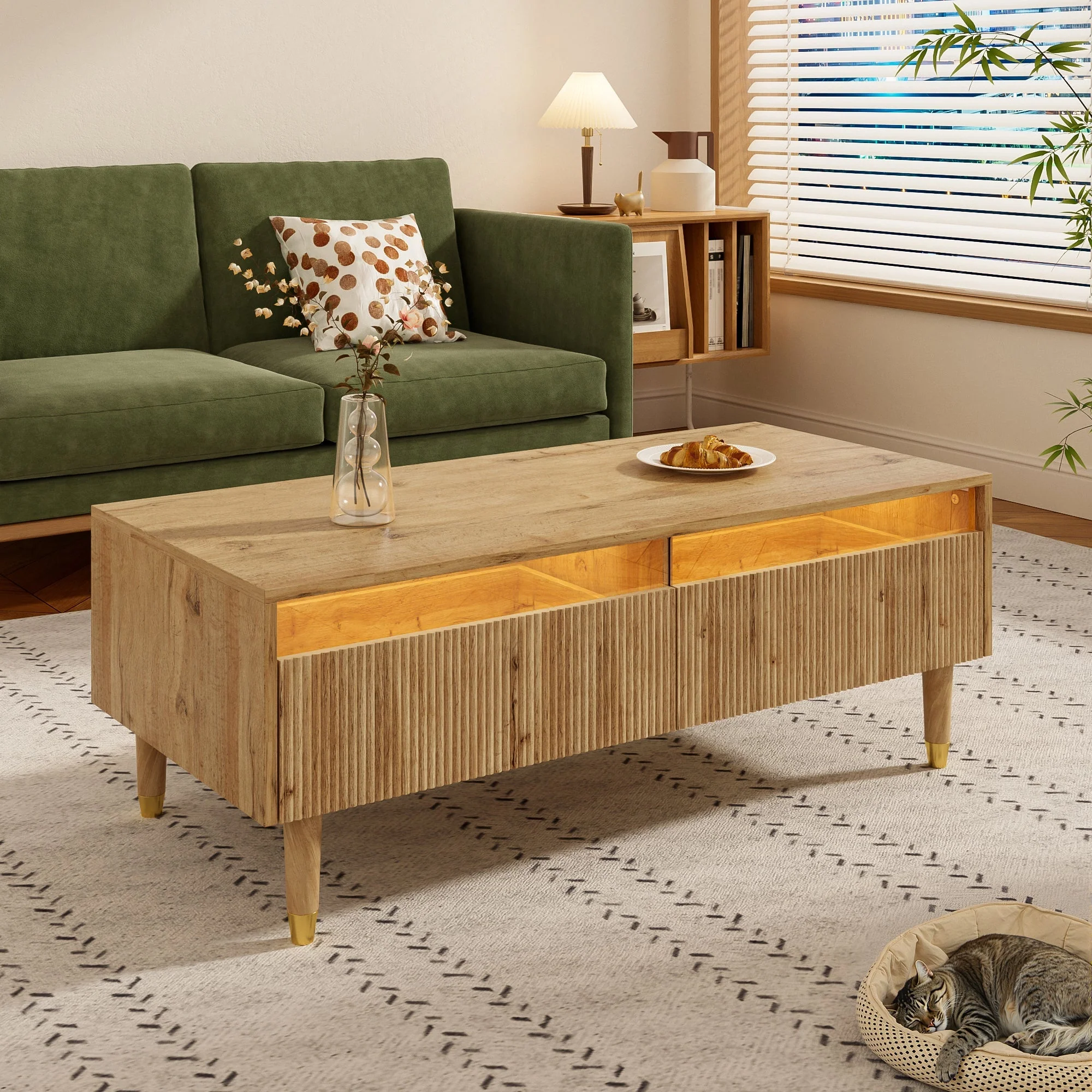 LED coffee table with wavy drawer top, two drawers, gold-wood - Image 6