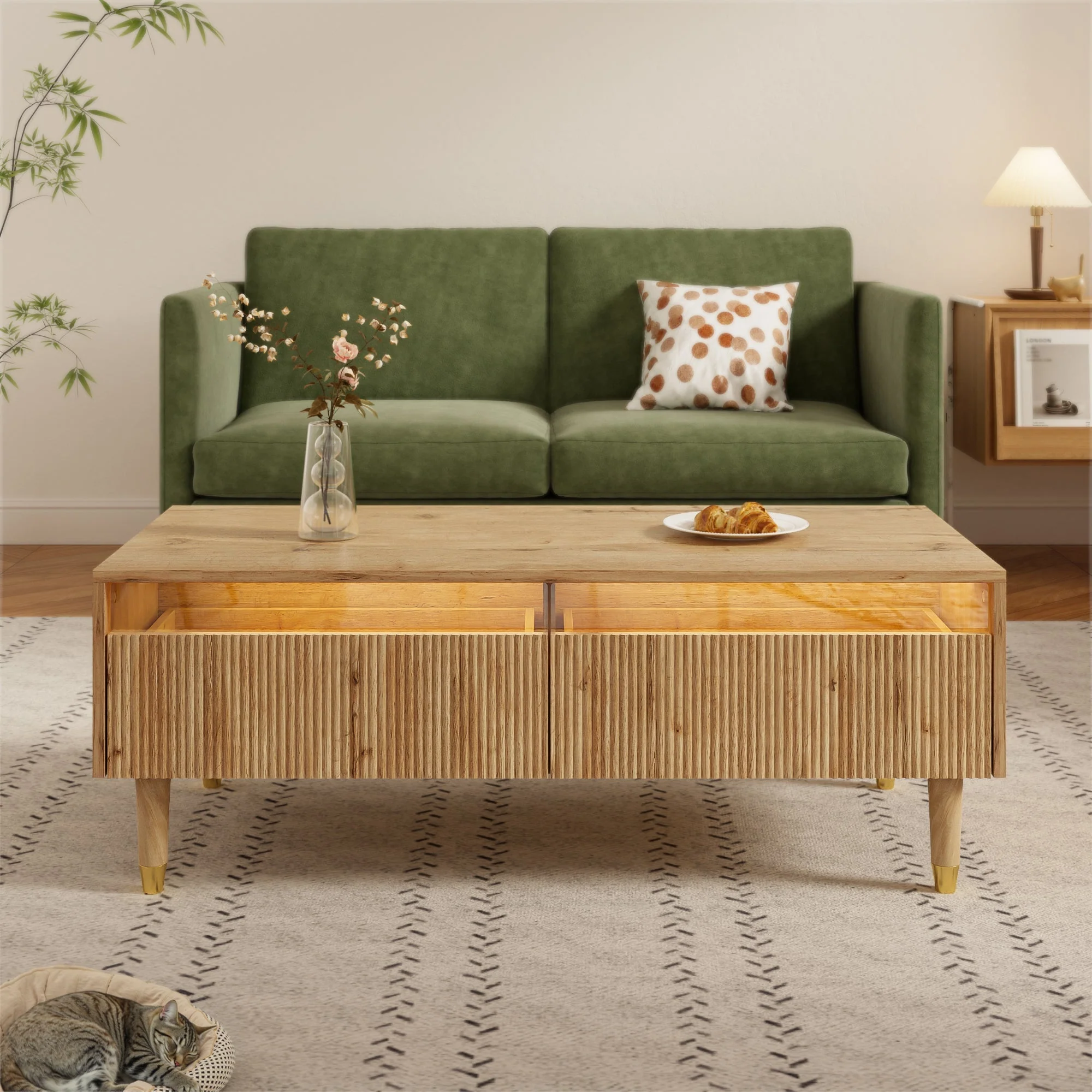 LED coffee table with wavy drawer top, two drawers, gold-wood - Image 8