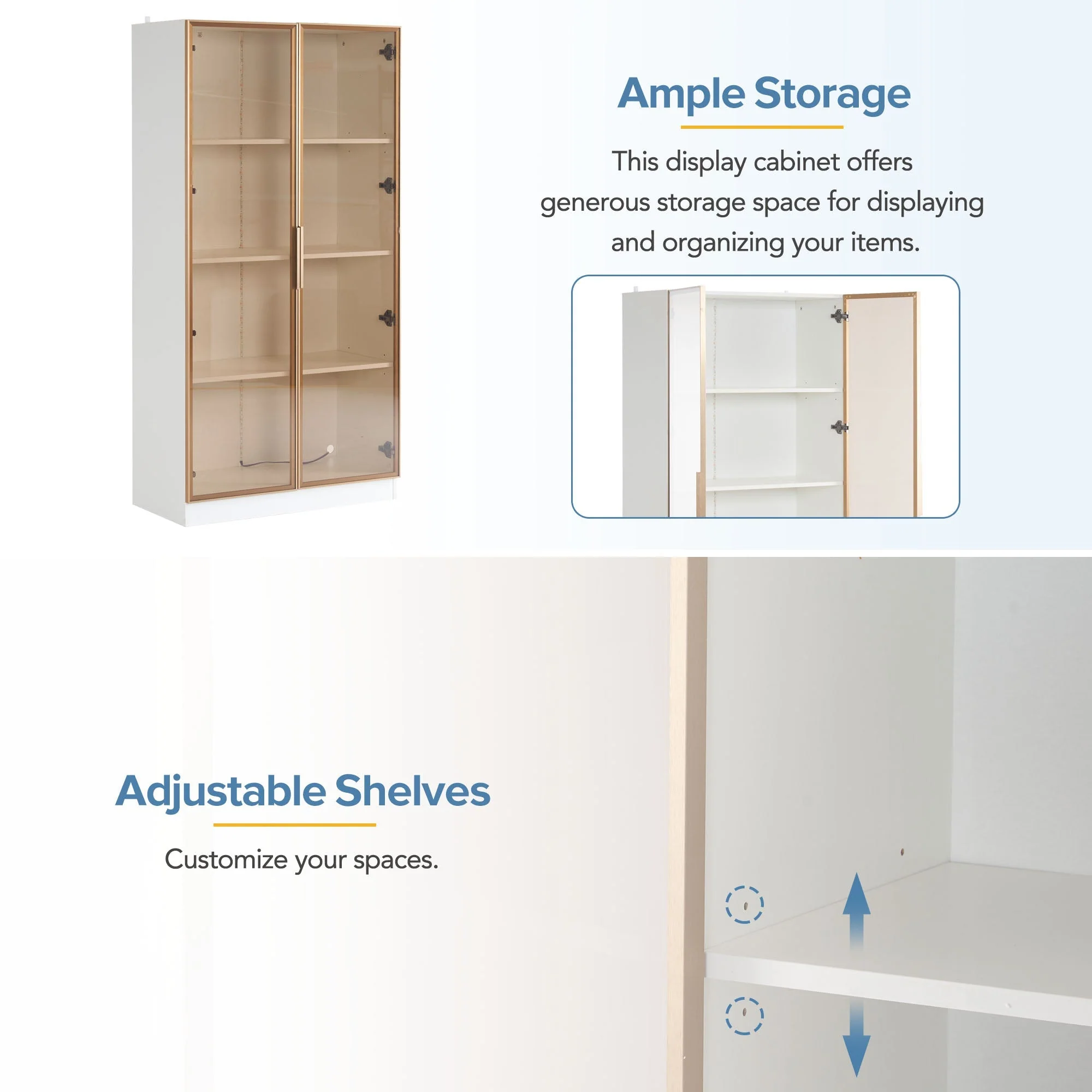 LED Display Cabinet, Clear Display Case for Figures with Tempered Glass Door and Storage Shelves, White - Image 3
