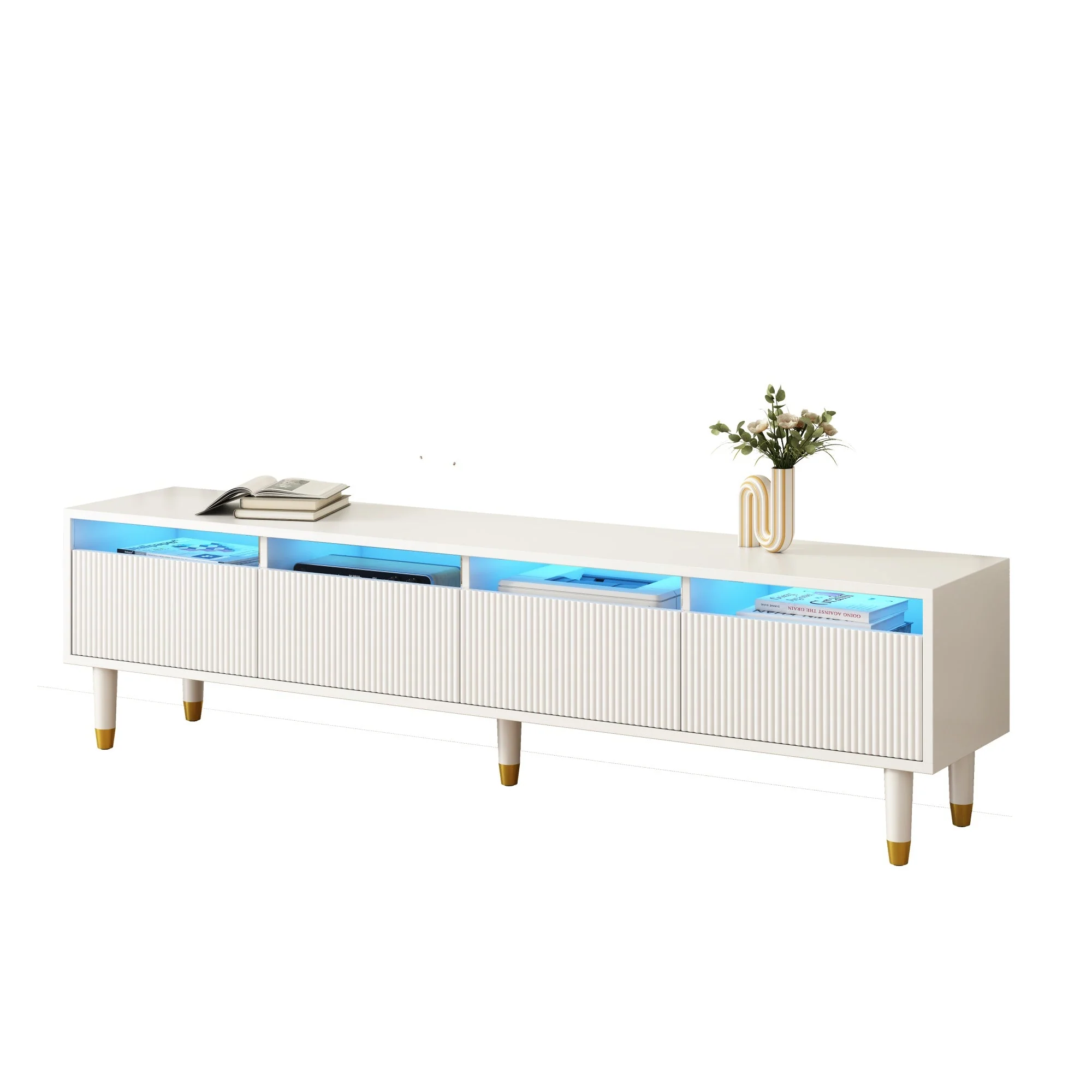LED Furniture Set, 4-Door TV Stand & Coffee Table with 2 Drawers, White Gold Design - Image 9