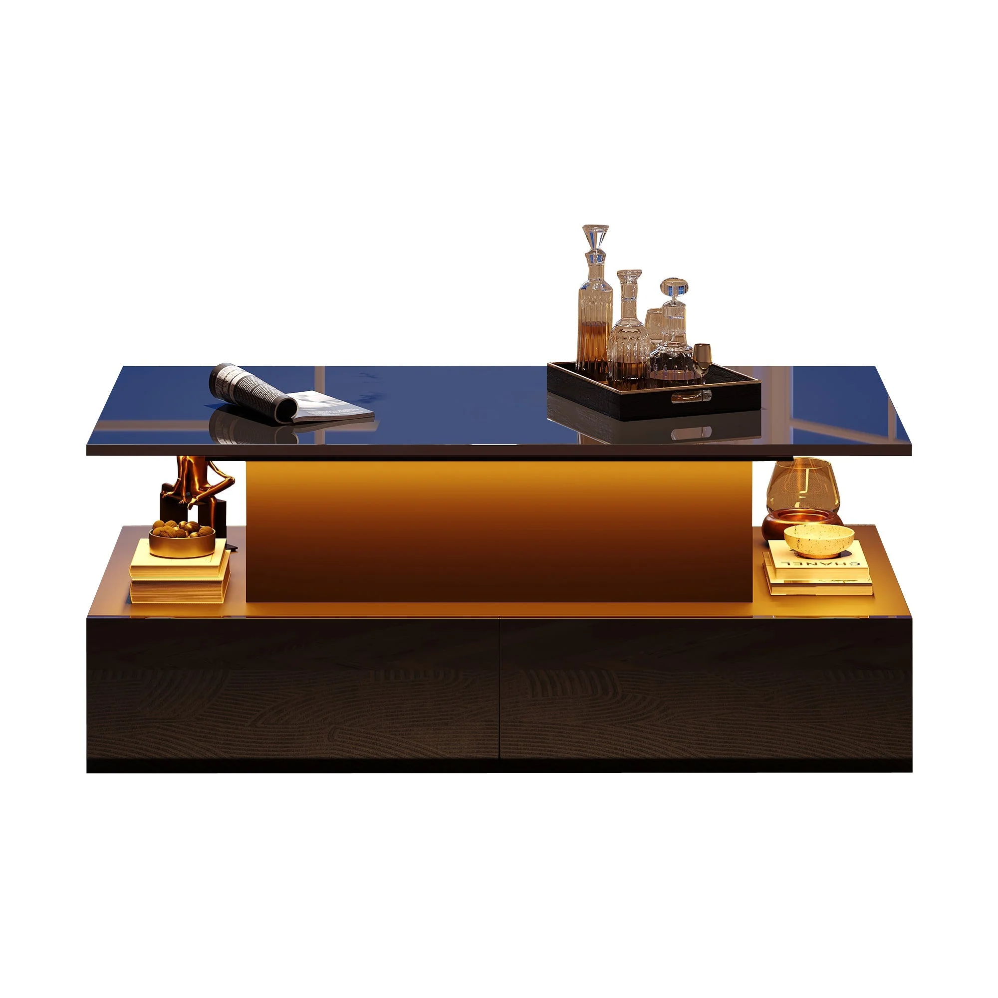 LED High Gloss Coffee Table, 4 Drawers, Lift Top, Storage, Rectangular, Black - Image 7
