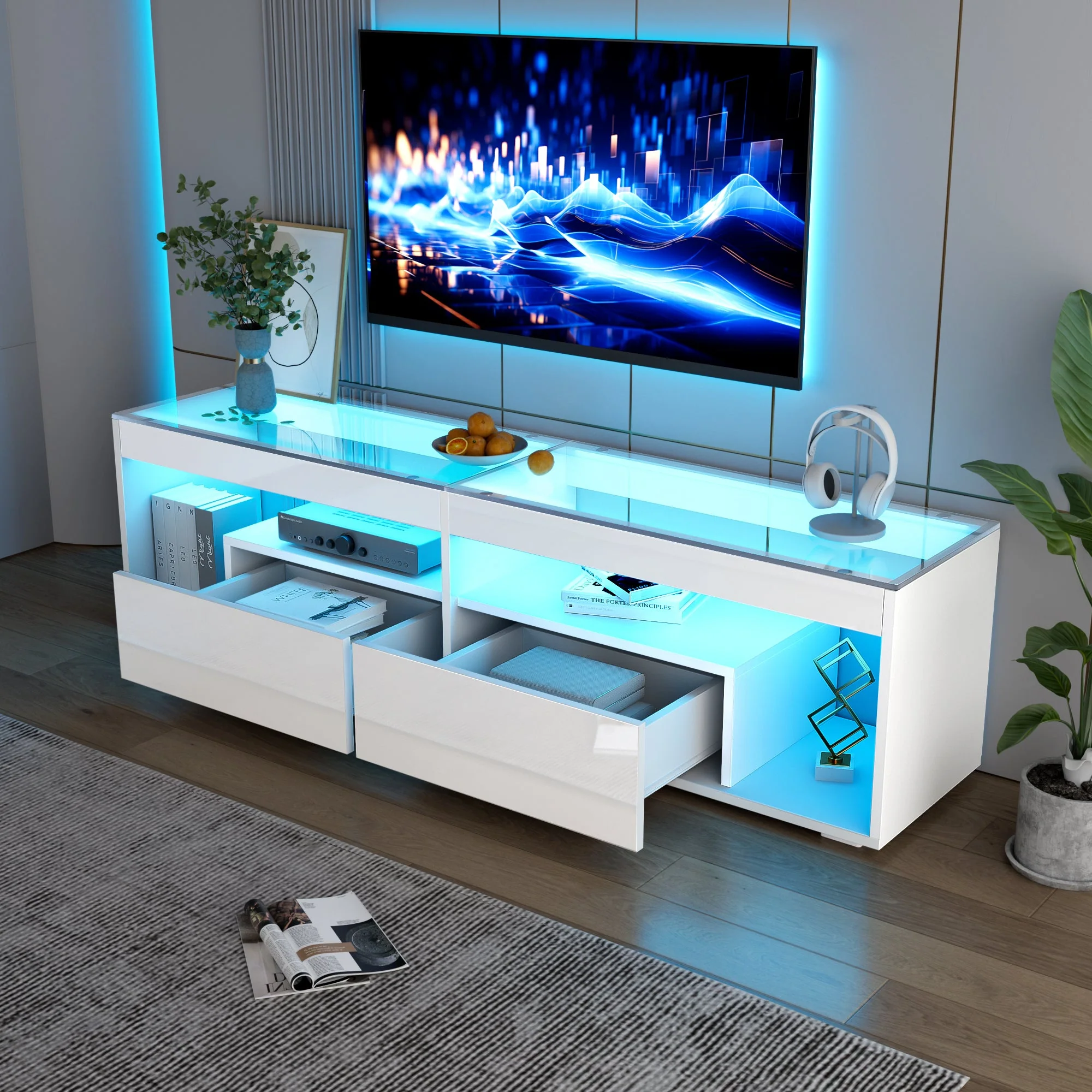 LED High-Gloss TV Cabinet for 70 Inch TVs, 2 Drawers, White - Image 6