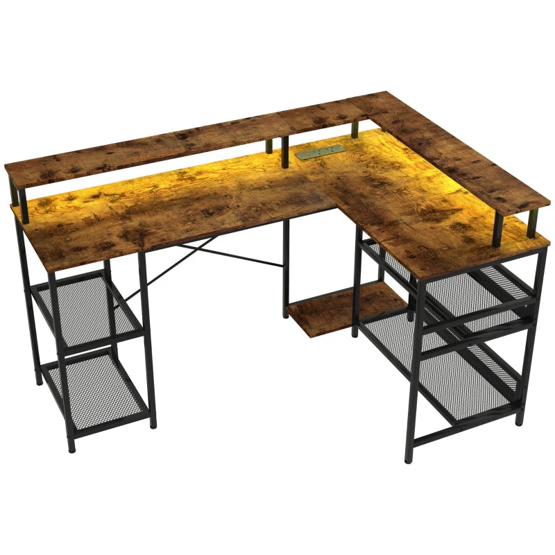 LED Light 'L' Computer Desk, Shelves - Brown - Image 2