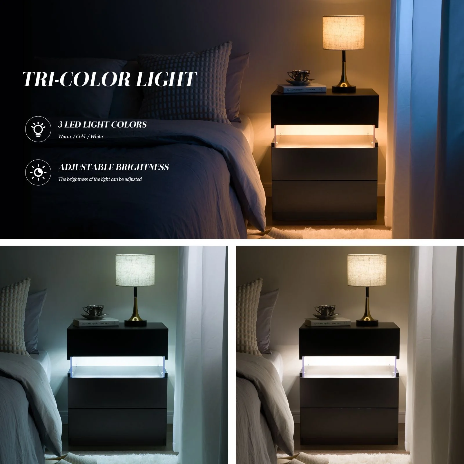 LED Nightstands Acrylic Board LED Bedside Tables for Bedroom End Table with 3 Drawer Dresser for Bedroom Living Room Bedside Furniture (Black) - Image 4