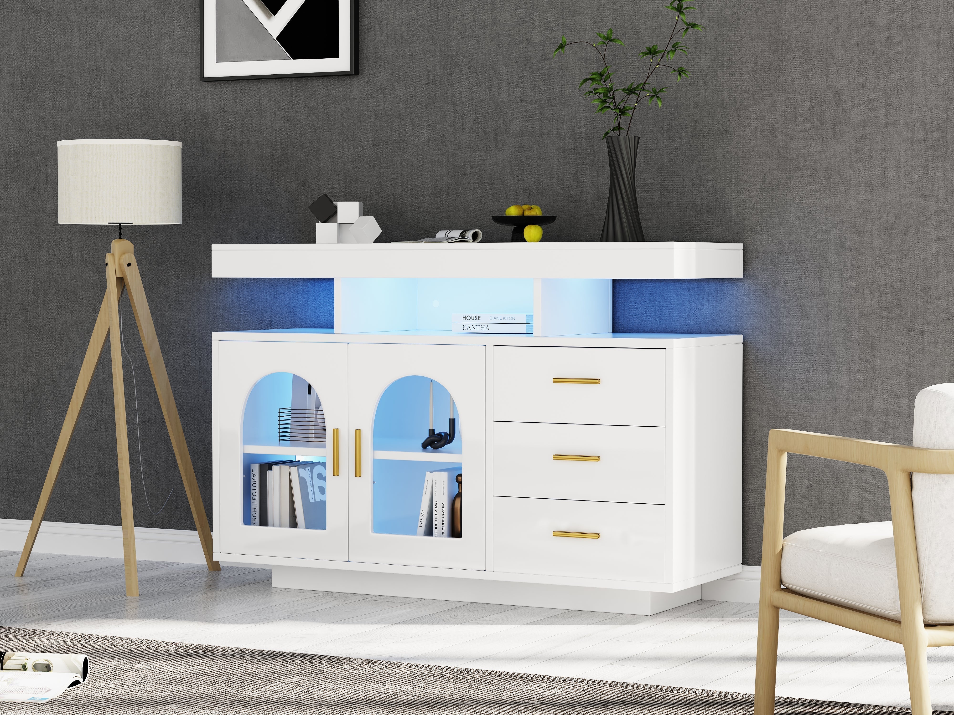 LED Sideboard Buffet 120cm High Gloss Coffee Bar Drawer Cabinet 16 Color Lights White - Image 9