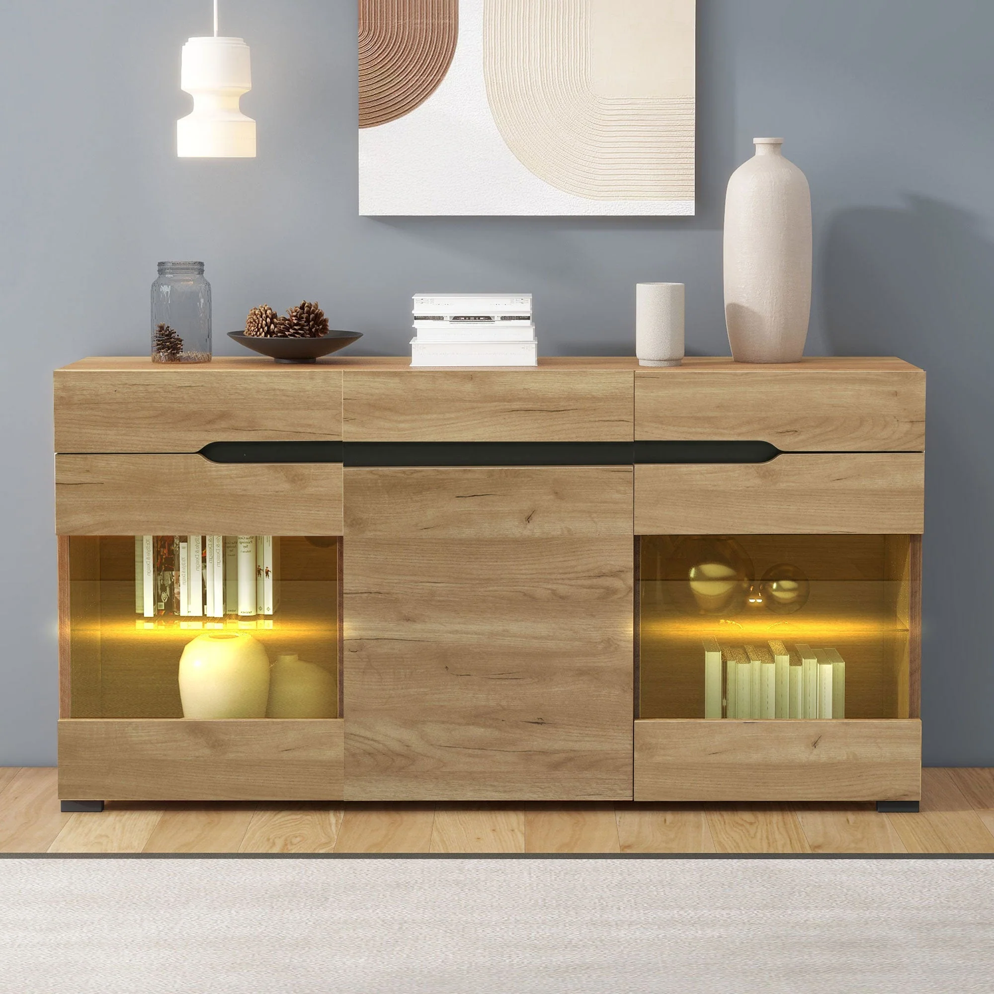 LED Sideboard Cabinet with 3 Doors and 3 Drawers, Oak - Image 4
