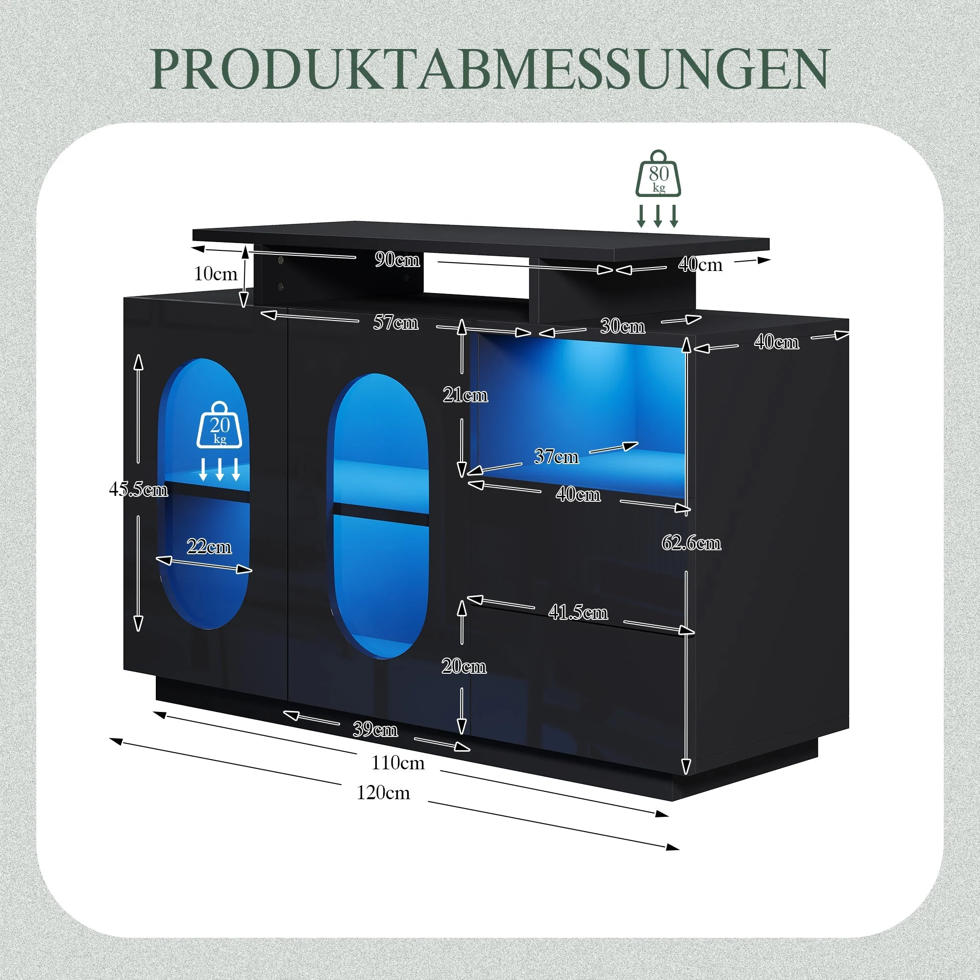 LED Sideboard High-Gloss Oval Glass Doors Storage - Black - Image 2