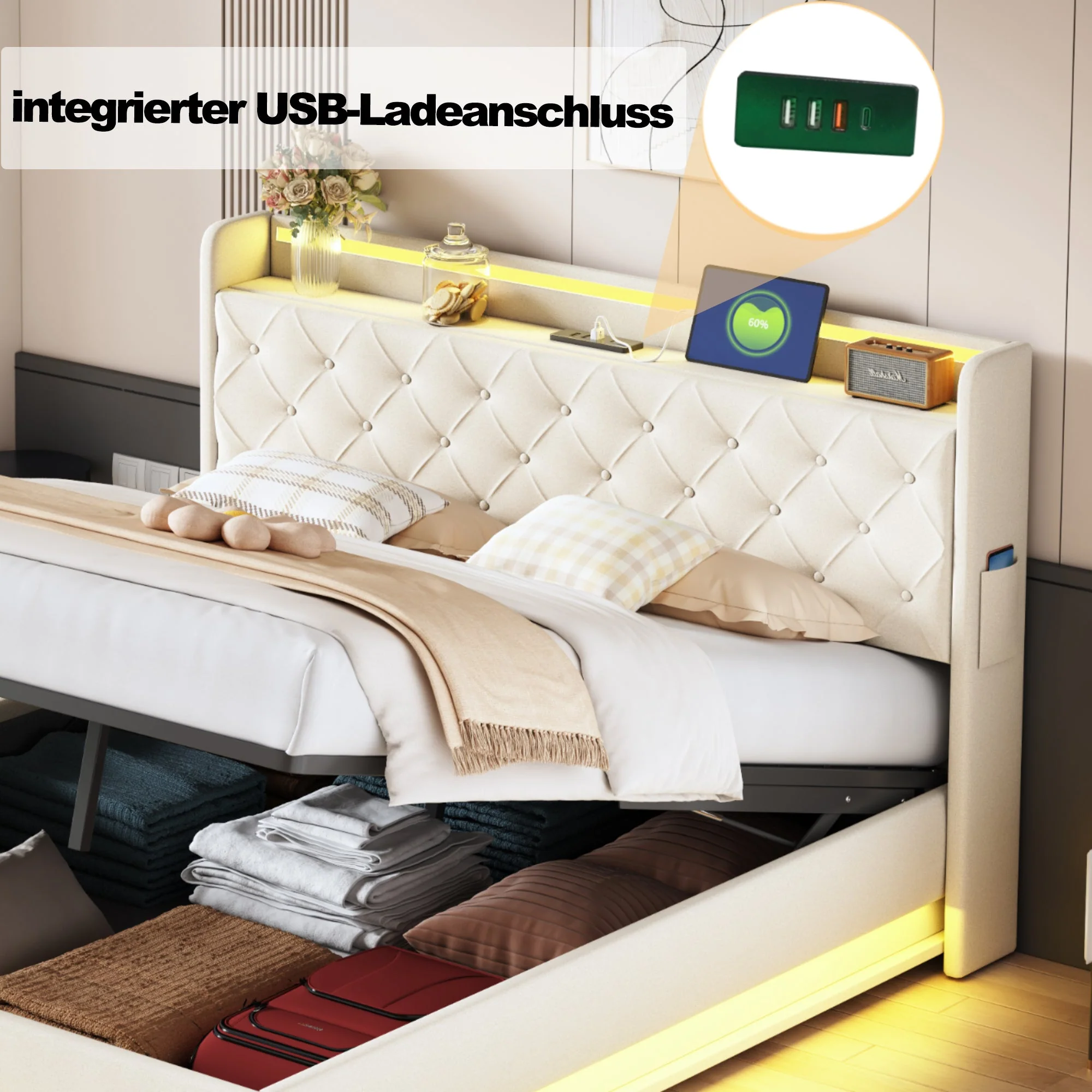 LED Upholstered Bed, 160x200 cm with USB Charging & Hydraulic Storage, Linen Fabric Beige - Image 5