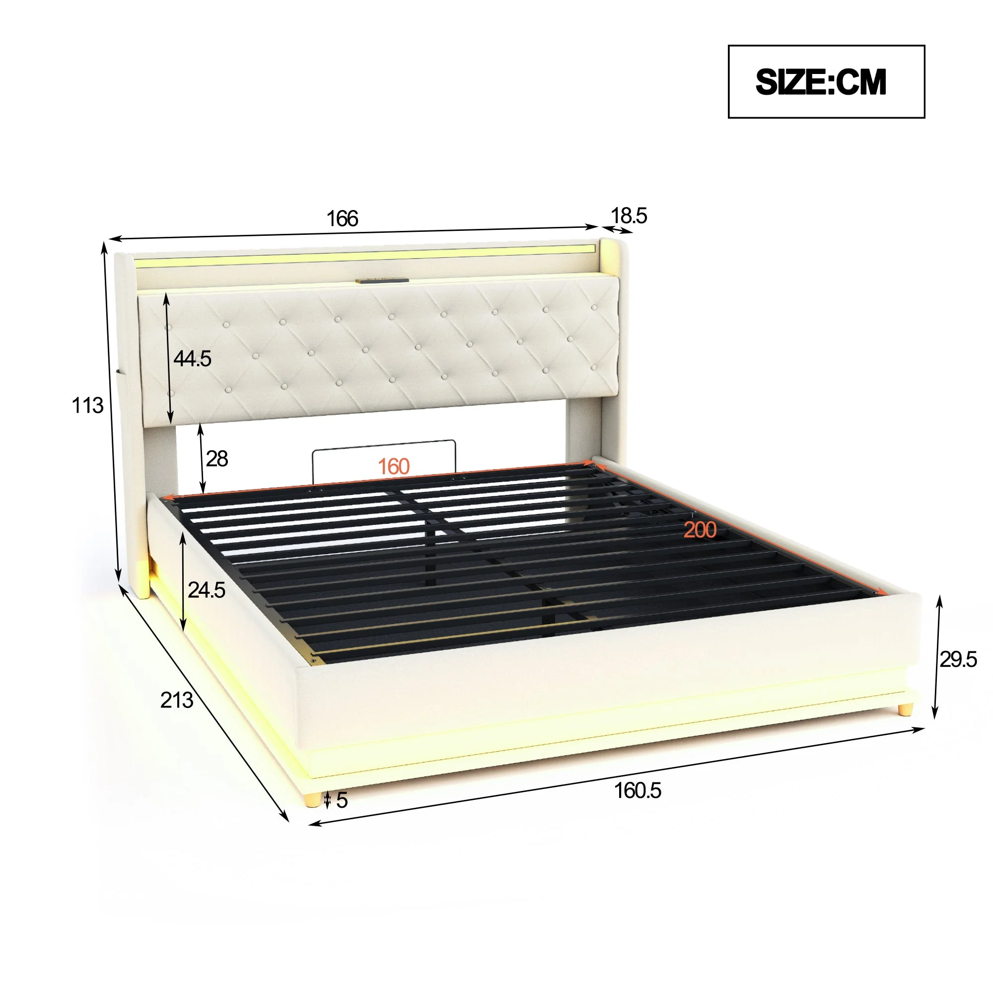 LED Upholstered Bed, 160x200 cm with USB Charging & Hydraulic Storage, Linen Fabric Beige - Image 8