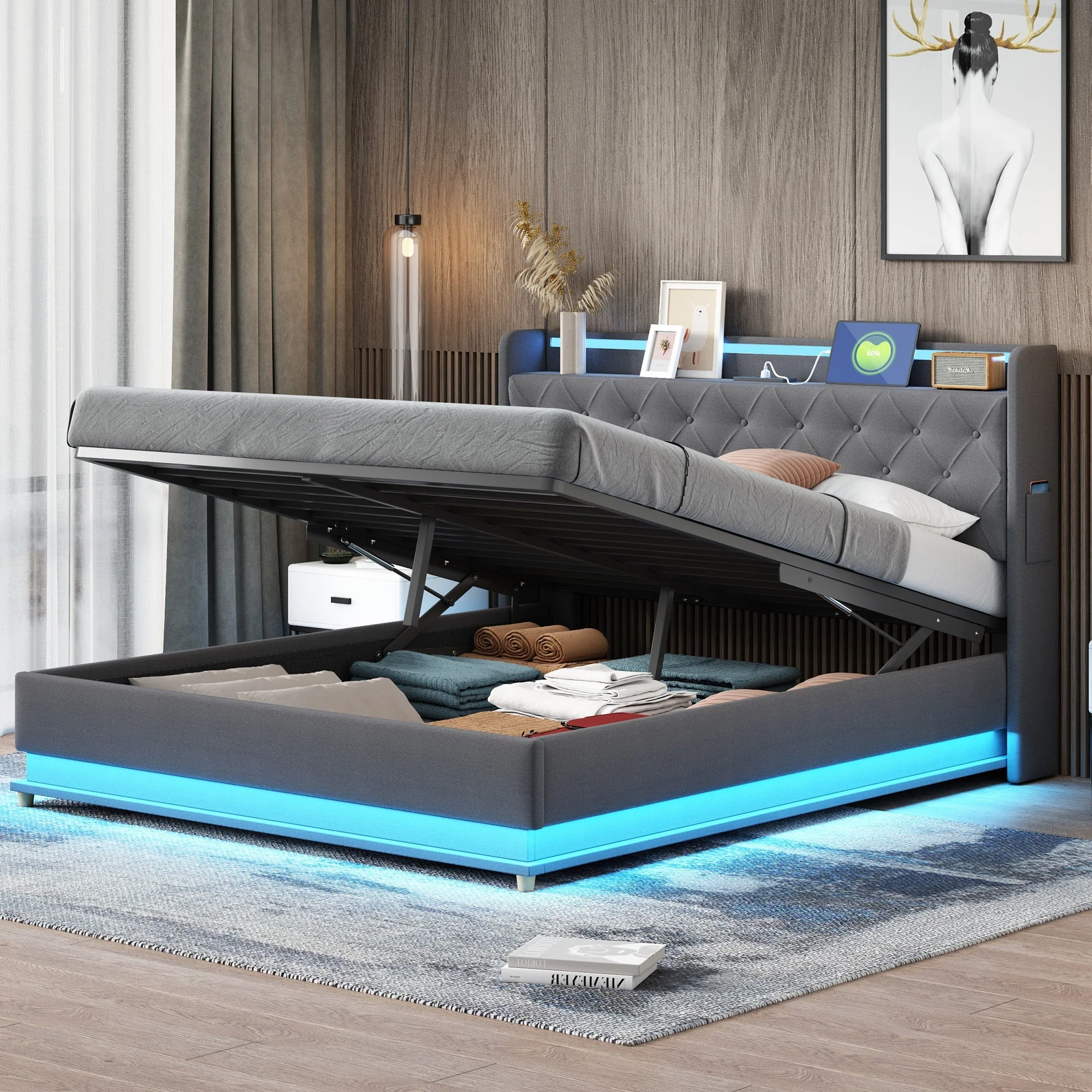 LED Upholstered Bed, 160x200 cm with USB Charging & Hydraulic Storage, Linen Fabric Gray - Image 3