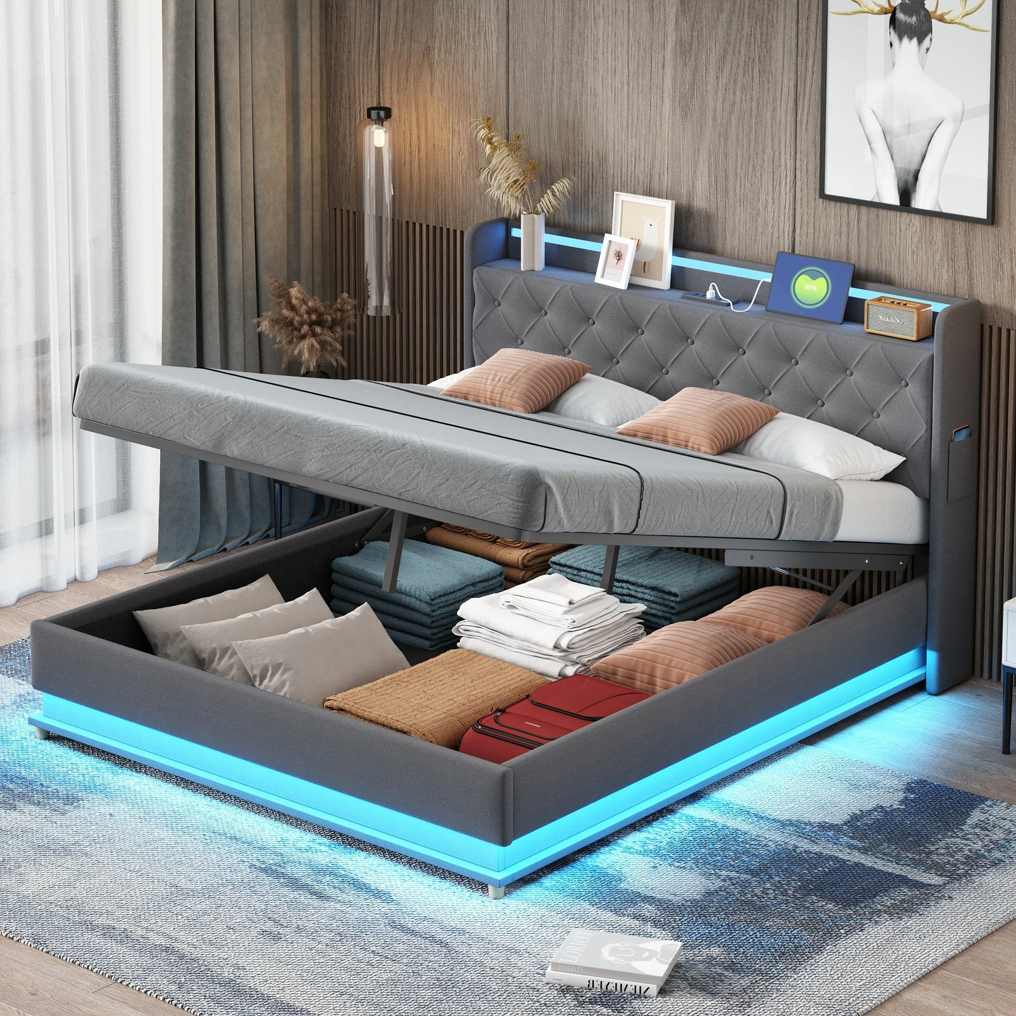 LED Upholstered Bed, 160x200 cm with USB Charging & Hydraulic Storage, Linen Fabric Gray - Image 4
