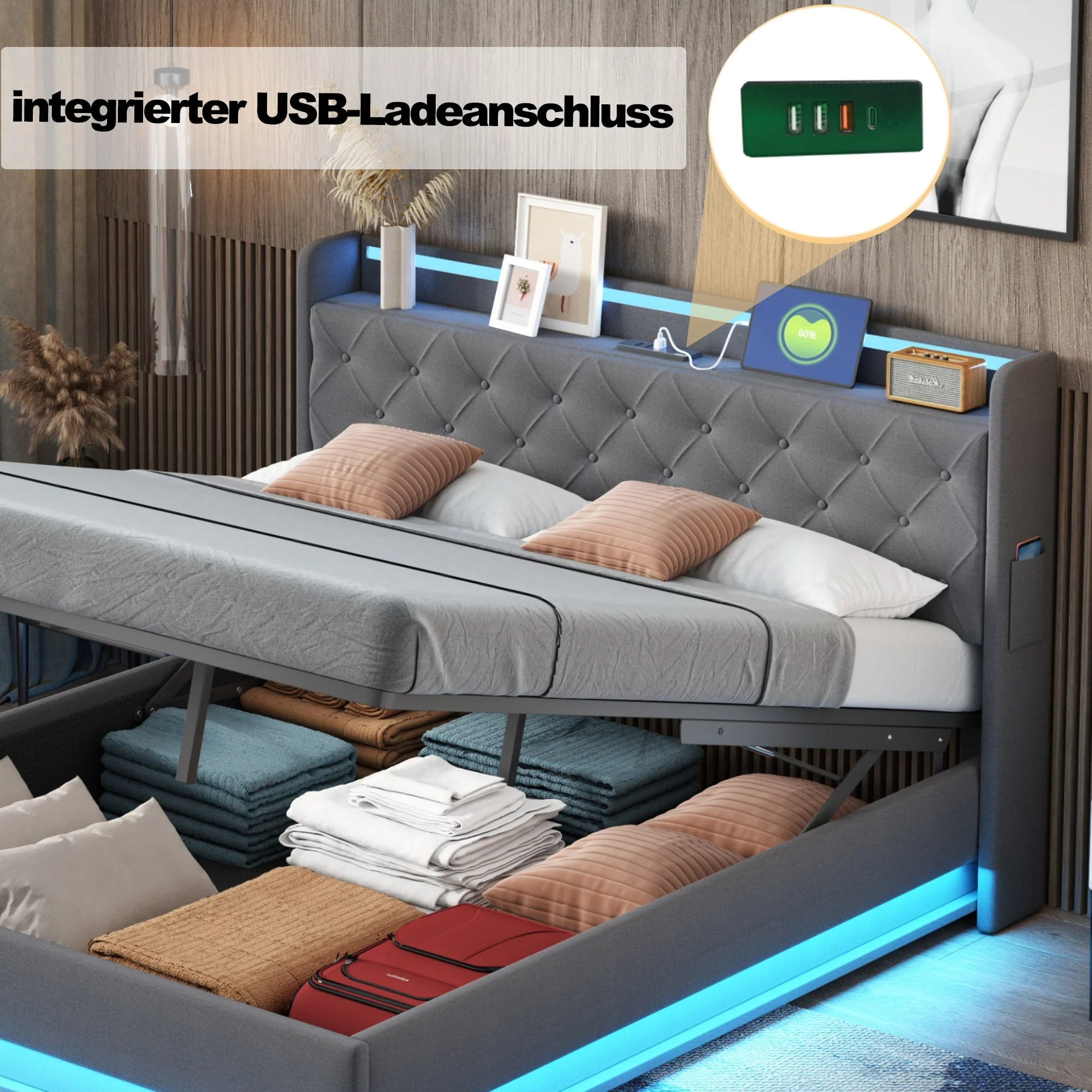 LED Upholstered Bed, 160x200 cm with USB Charging & Hydraulic Storage, Linen Fabric Gray - Image 5