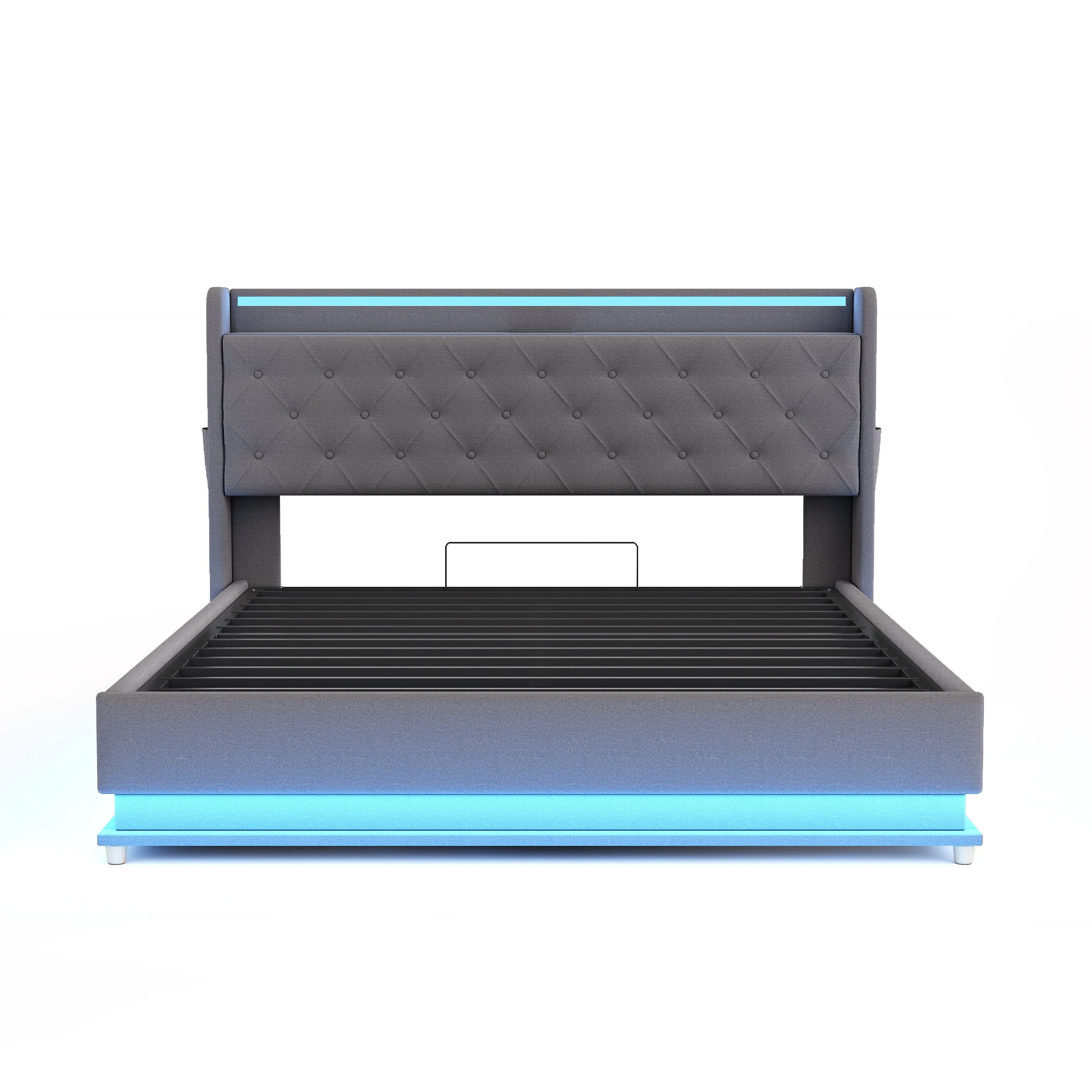 LED Upholstered Bed, 160x200 cm with USB Charging & Hydraulic Storage, Linen Fabric Gray - Image 7
