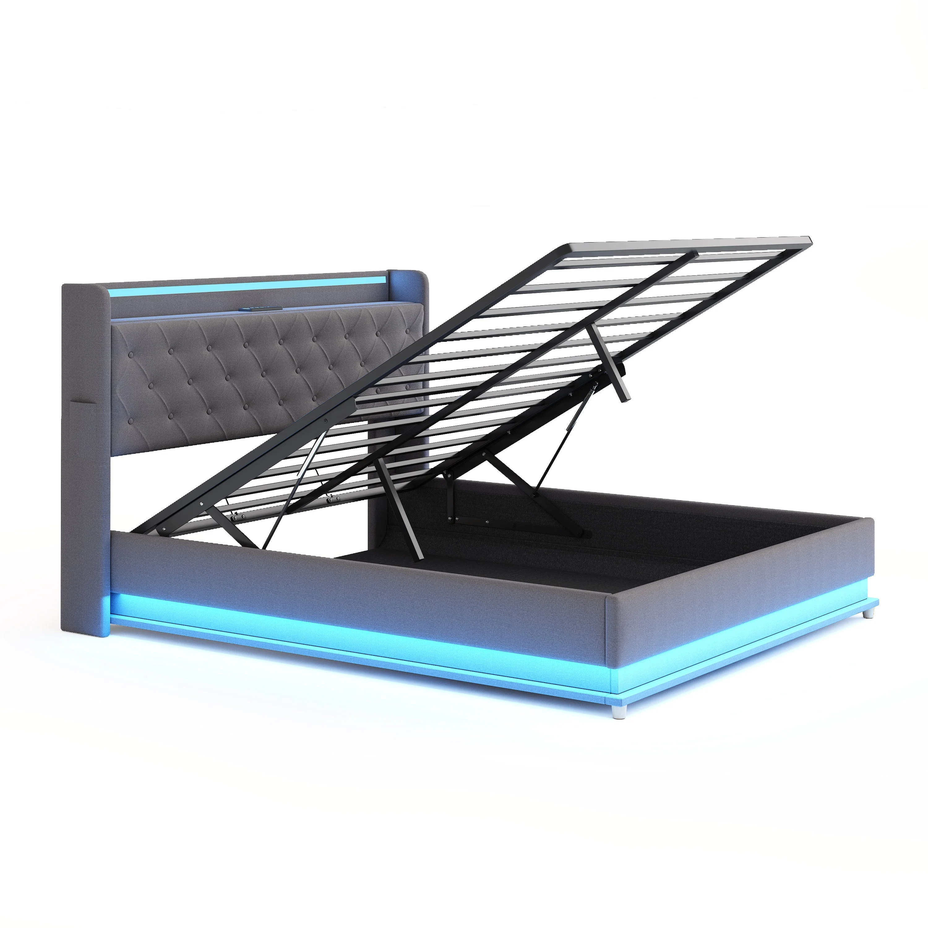 LED Upholstered Bed, 160x200 cm with USB Charging & Hydraulic Storage, Linen Fabric Gray - Image 9