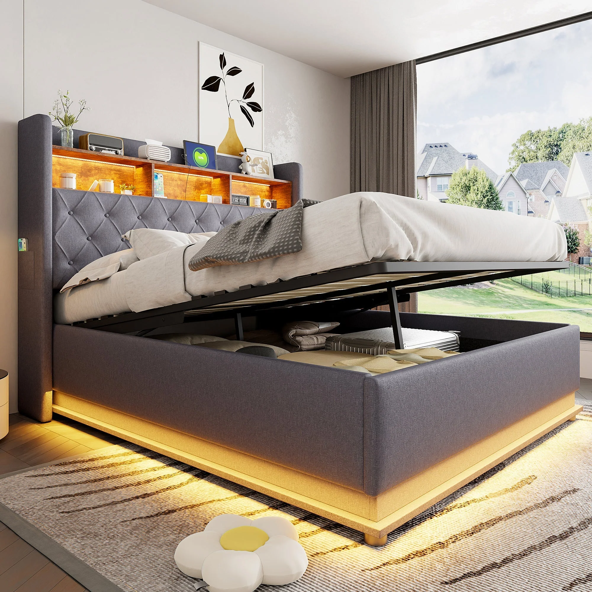 LED Upholstered Bed, 160x200cm, USB Charging, Hydraulic Storage, Linen Fabric, Grey