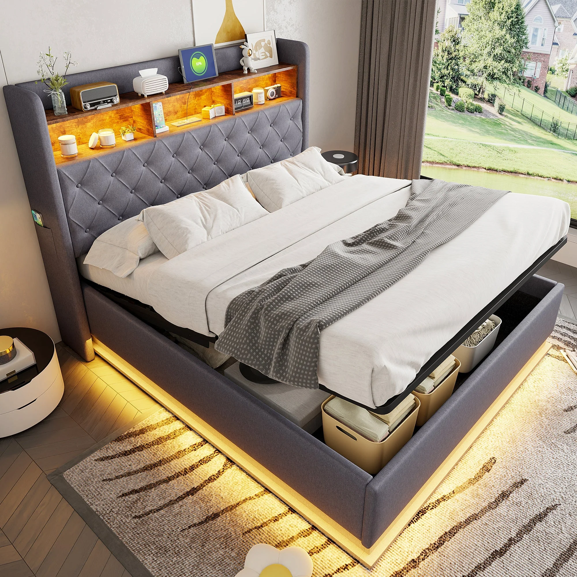 LED Upholstered Bed, 160x200cm, USB Charging, Hydraulic Storage, Linen Fabric, Grey - Image 2
