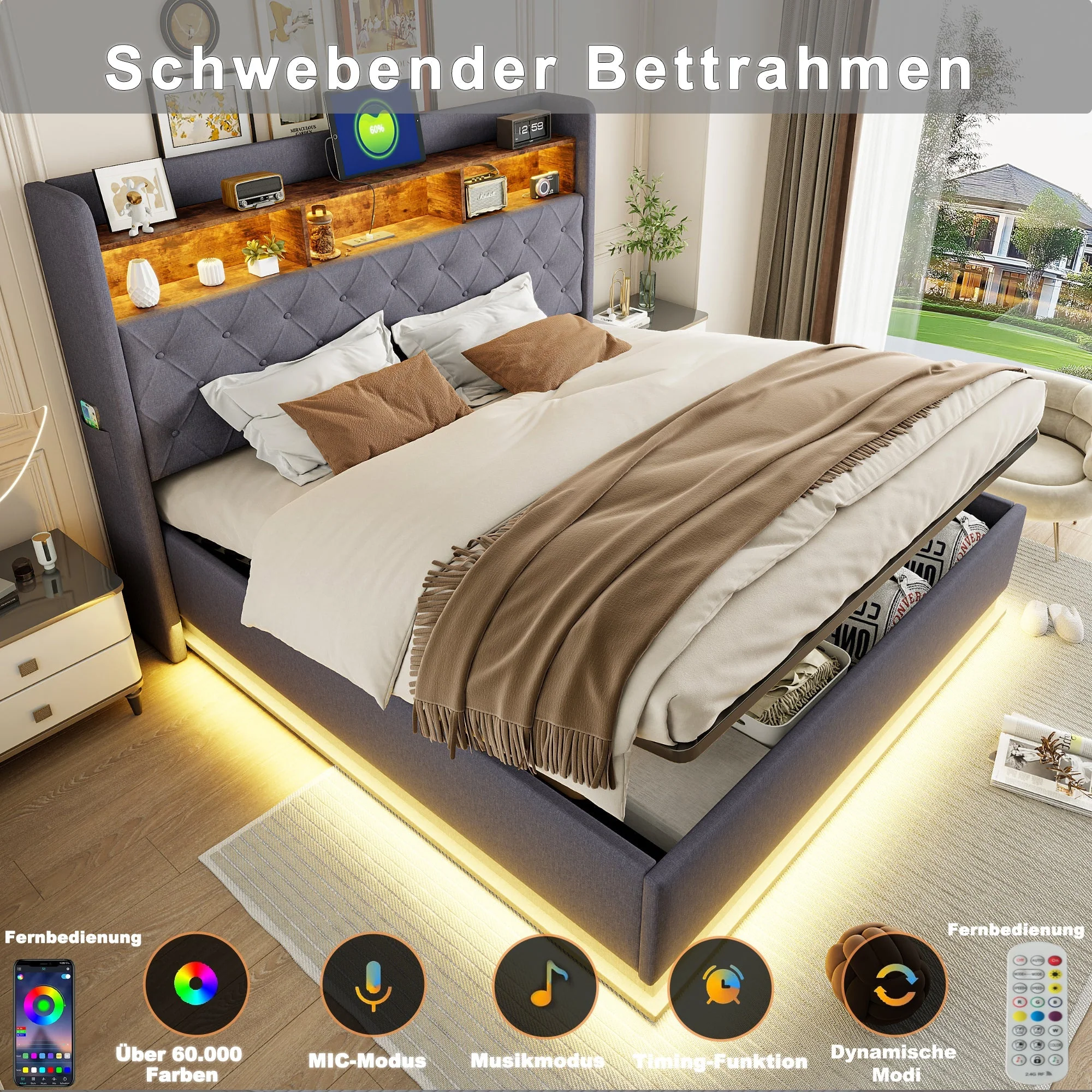 LED Upholstered Bed, 160x200cm, USB Charging, Hydraulic Storage, Linen Fabric, Grey - Image 5