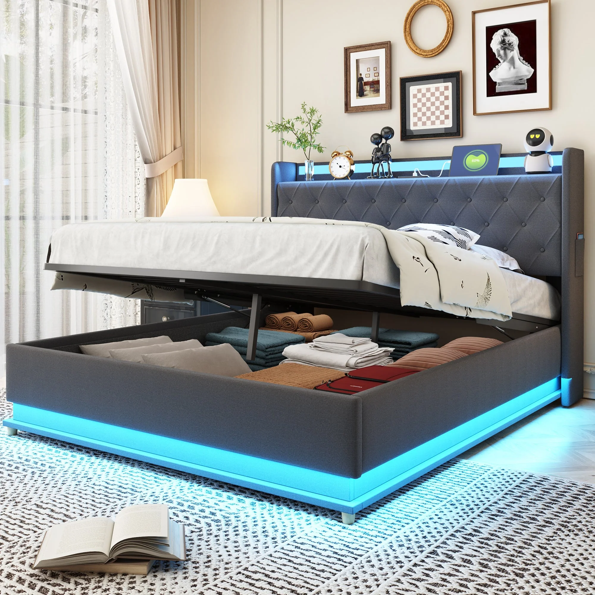 LED Upholstered Bed, USB Charging & Hydraulic Storage, Linen Fabric Gray - Image 2