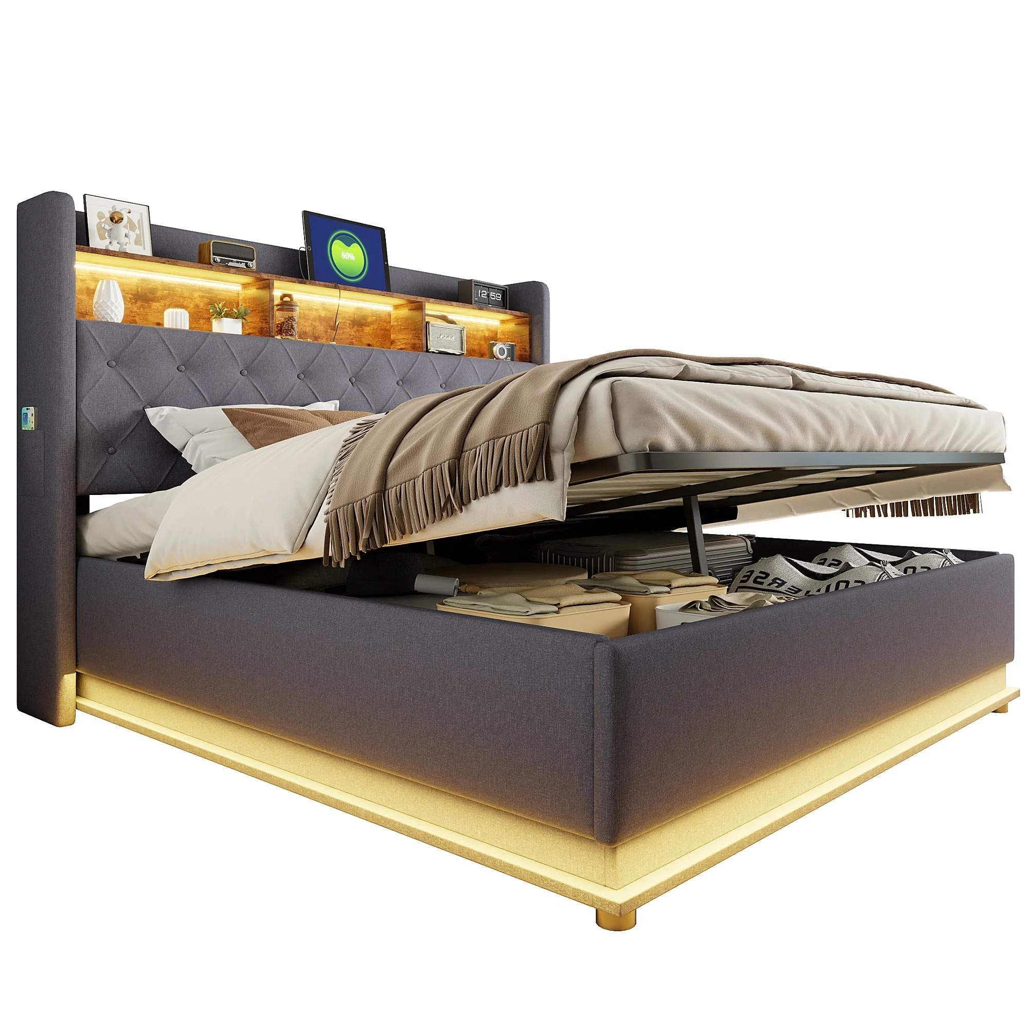 LED upholstered bed with USB and hydraulic storage, linen grey - Image 10